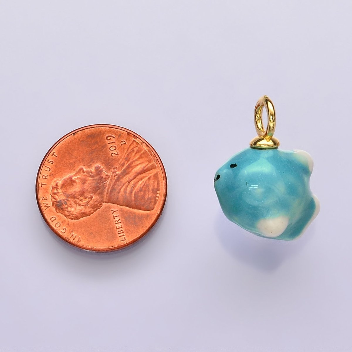 24K Gold Filled Smiley Face Blue Fish Ceramic Drop Pendant | N138 - DLUXCA