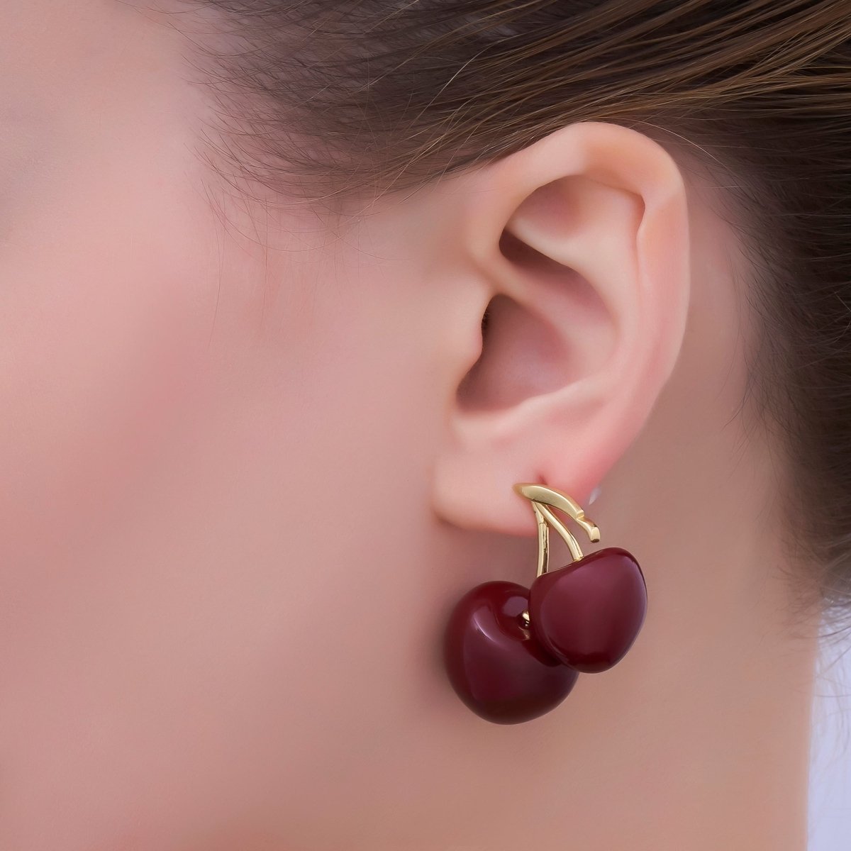 24K Gold Filled Spring Red Cherry Drop Stud Earrings | AB422 - DLUXCA