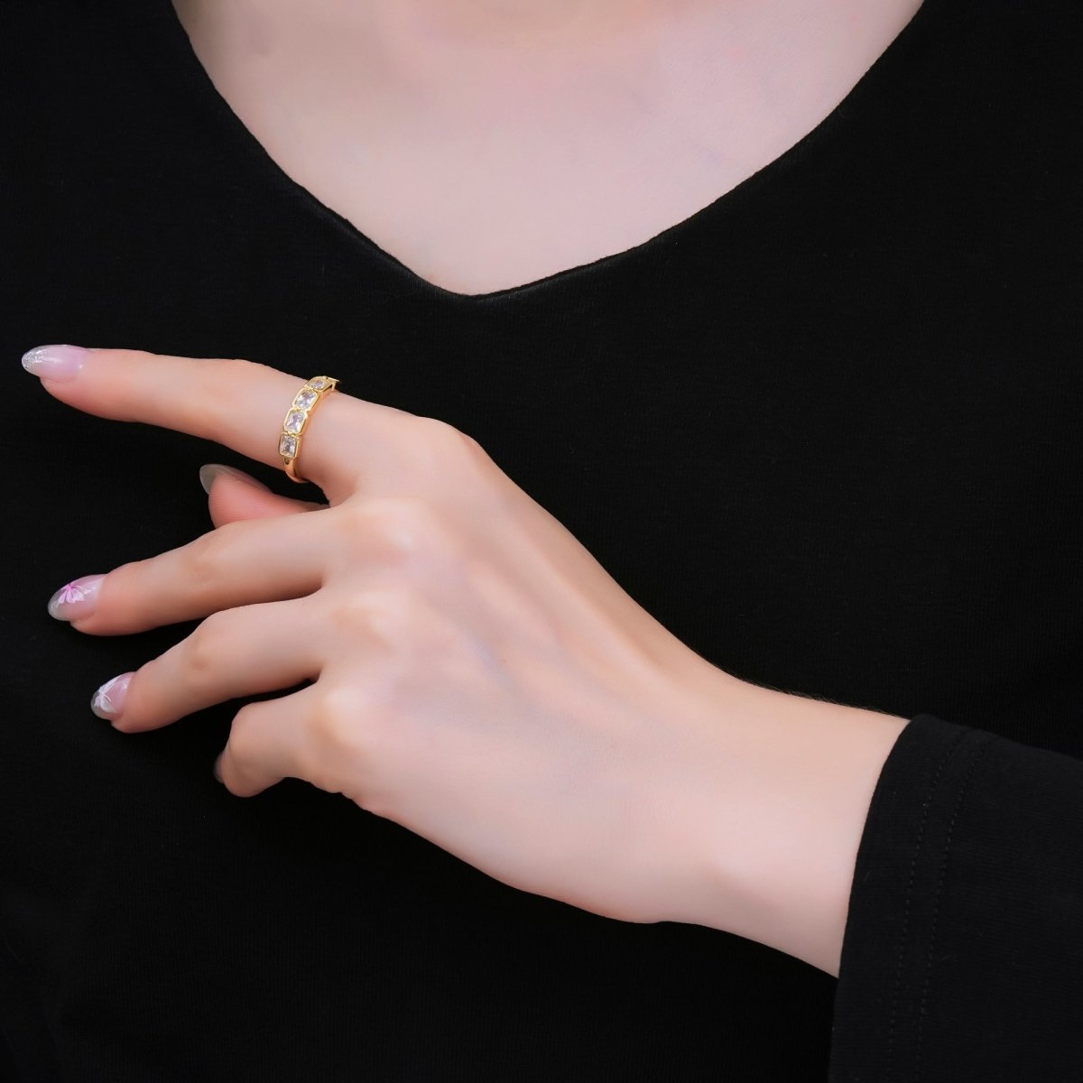 24K Gold Filled Square CZ Five - Stone Horizon Simple Round Baguette Adjustable Ring | O - 1457 - DLUXCA