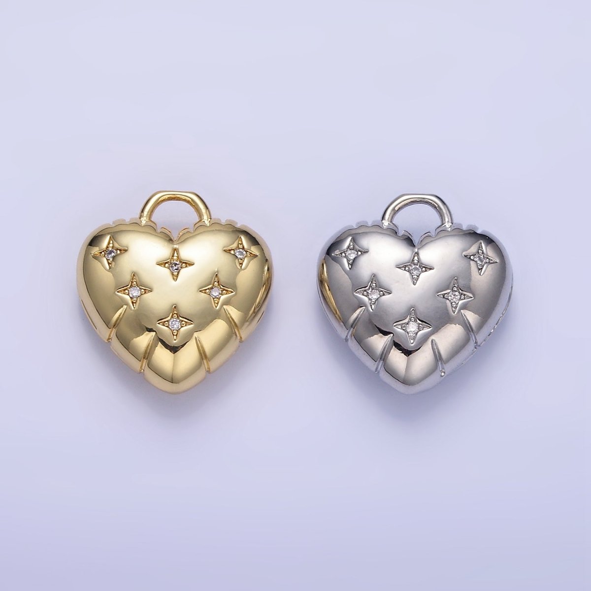 24K Gold Filled Star CZ Puffed Heart Charm in Gold & Silver | H035 - DLUXCA