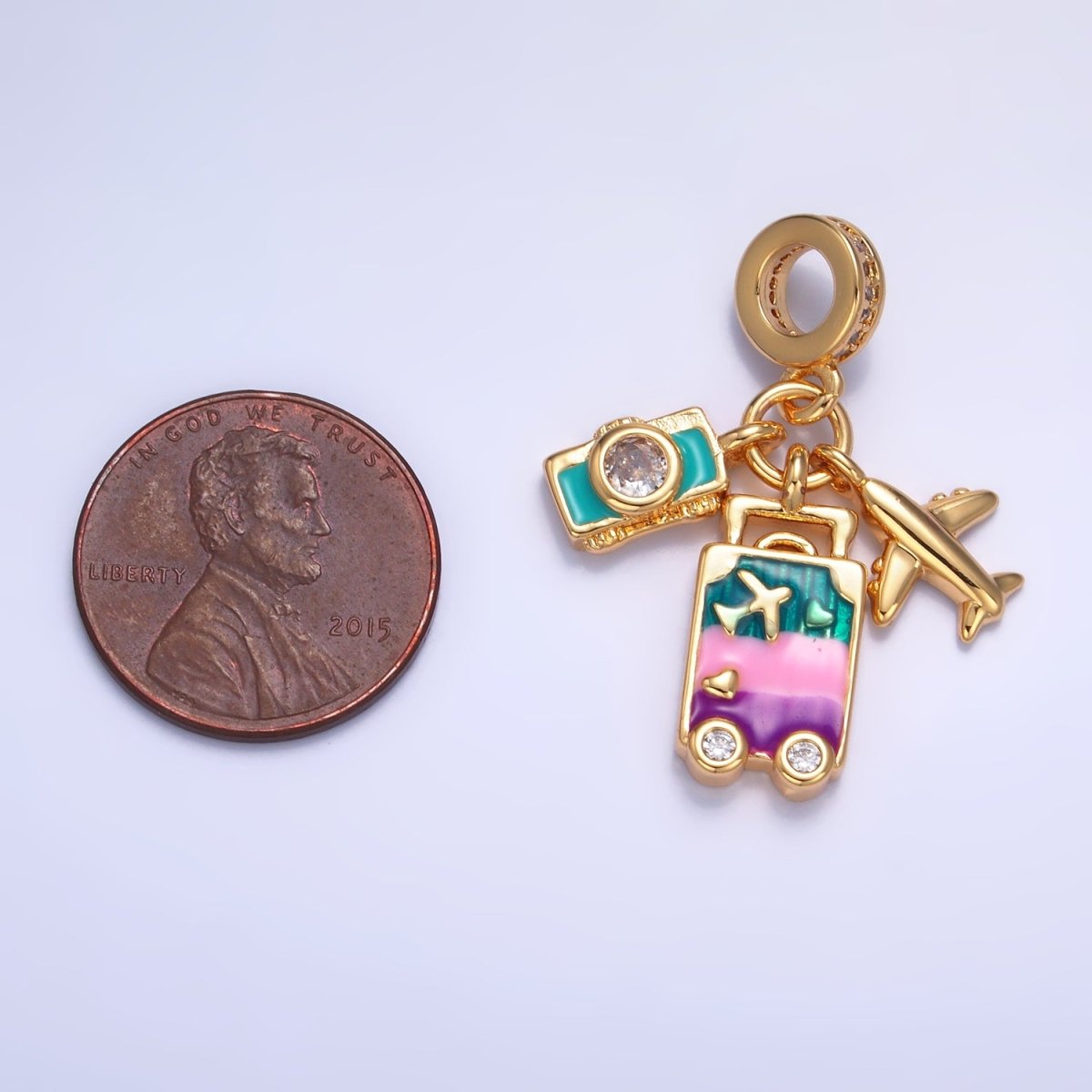 24K Gold Filled Suitcase Camera Airplane Travel CZ Rhondelle Drop Pendant | W444 - DLUXCA