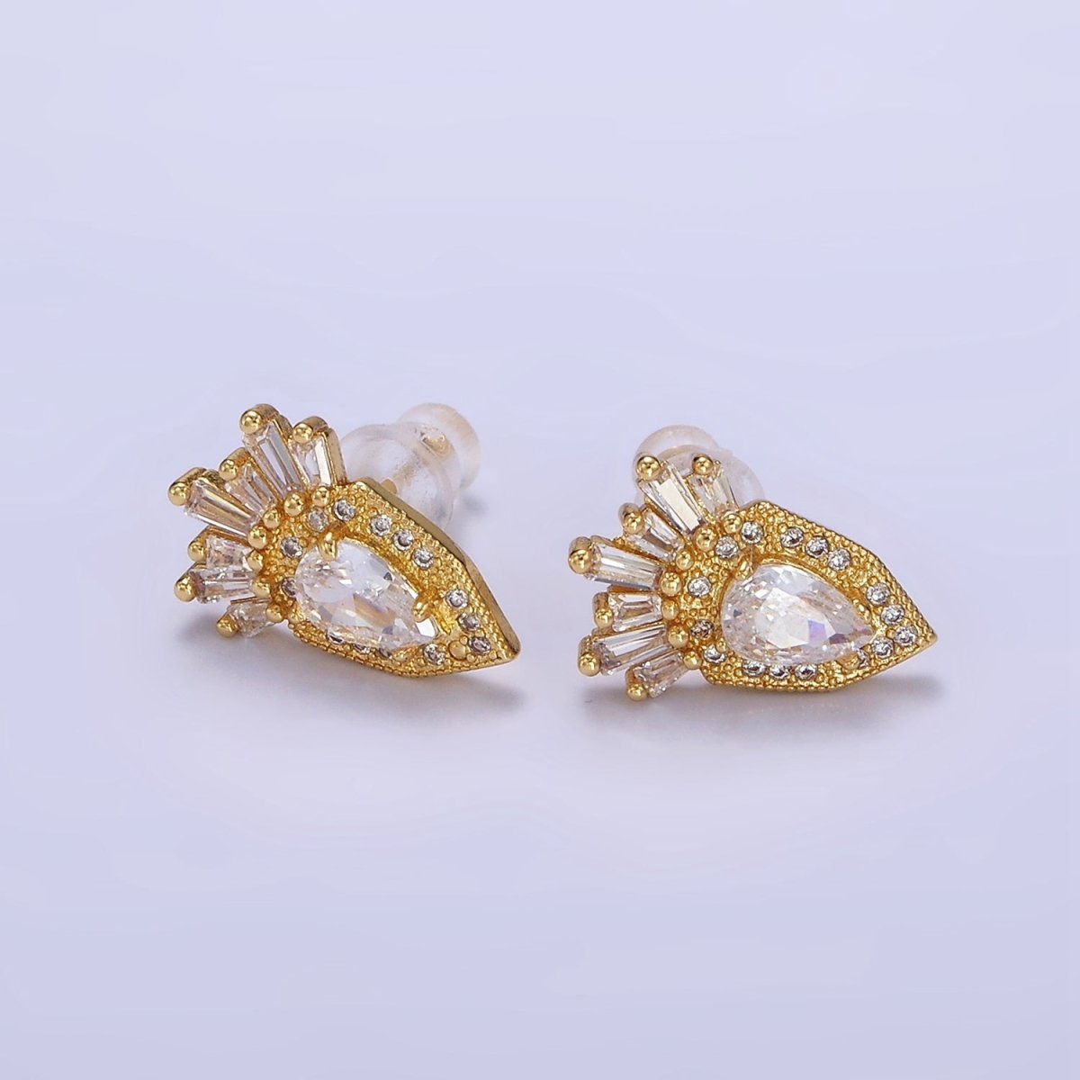 24K Gold Filled Teardrop Baguette Micro Paved CZ Stud Earrings | AB1175 - DLUXCA