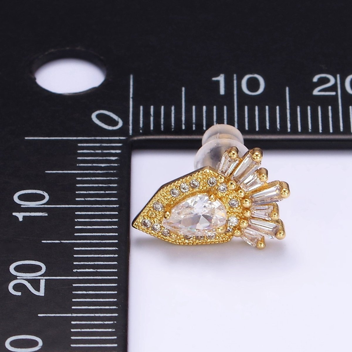 24K Gold Filled Teardrop Baguette Micro Paved CZ Stud Earrings | AB1175 - DLUXCA