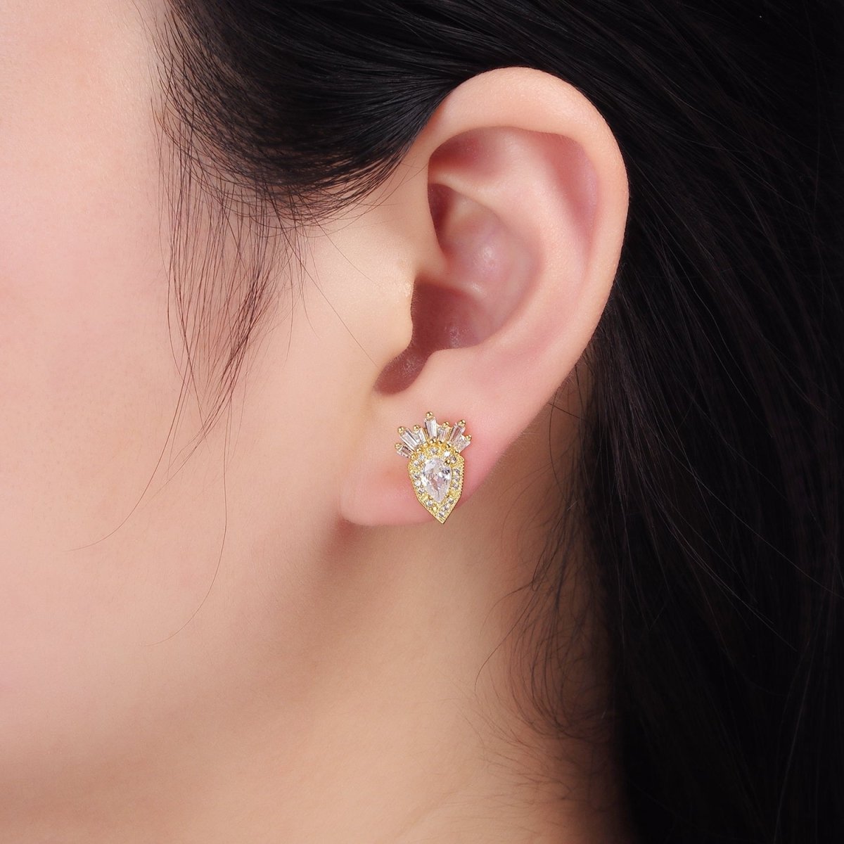 24K Gold Filled Teardrop Baguette Micro Paved CZ Stud Earrings | AB1175 - DLUXCA
