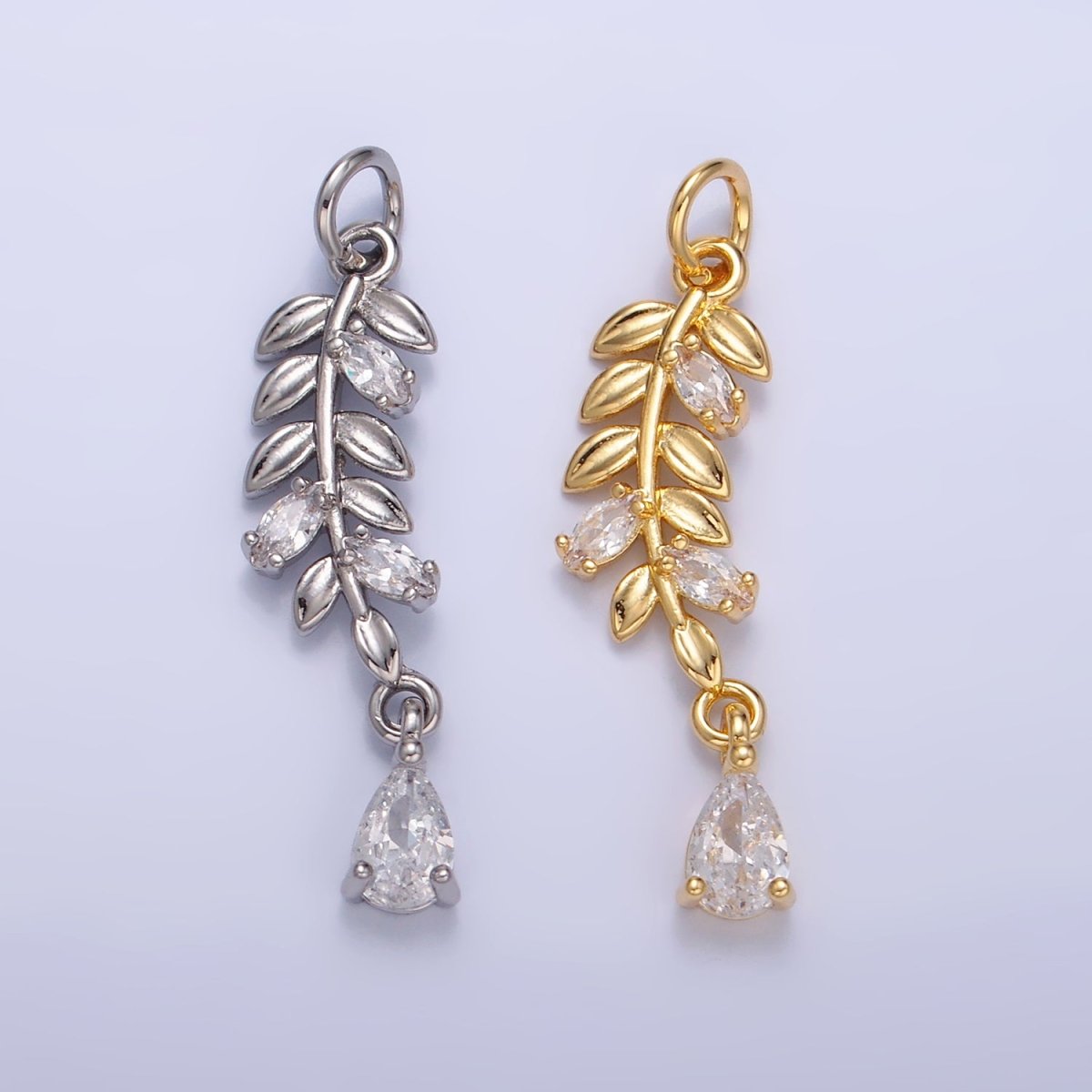 24K Gold Filled Teardrop CZ Leaf Nature Charm in Gold & Silver | W449 - DLUXCA