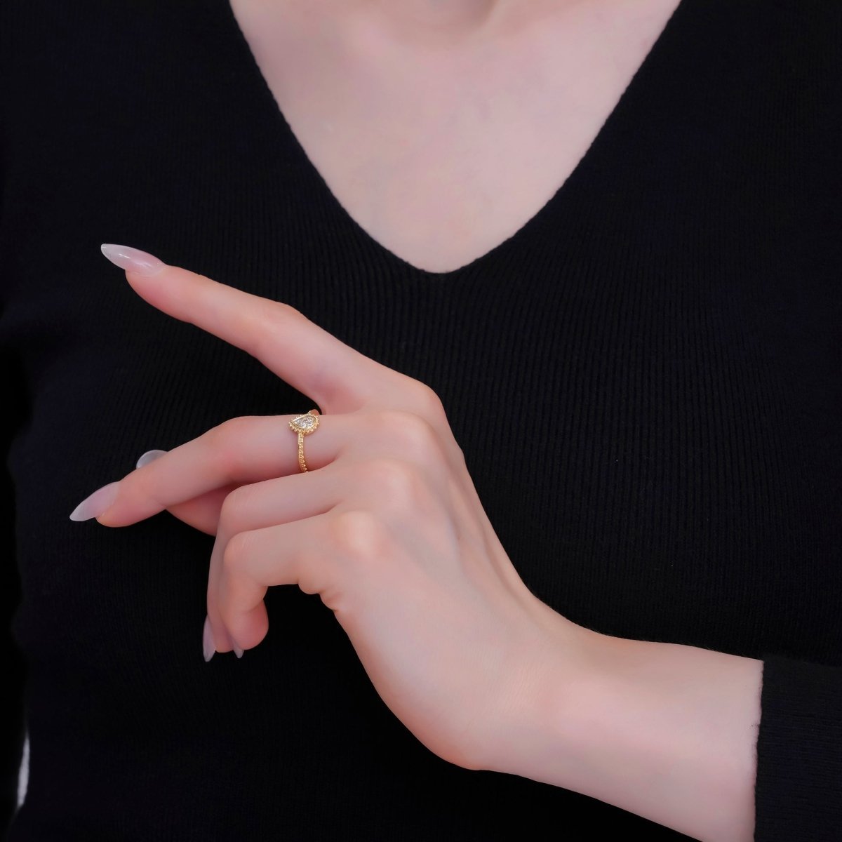 24K Gold Filled Teardrop CZ Micro Paved Dotted Ring in Silver & Gold | O730 O731 - DLUXCA