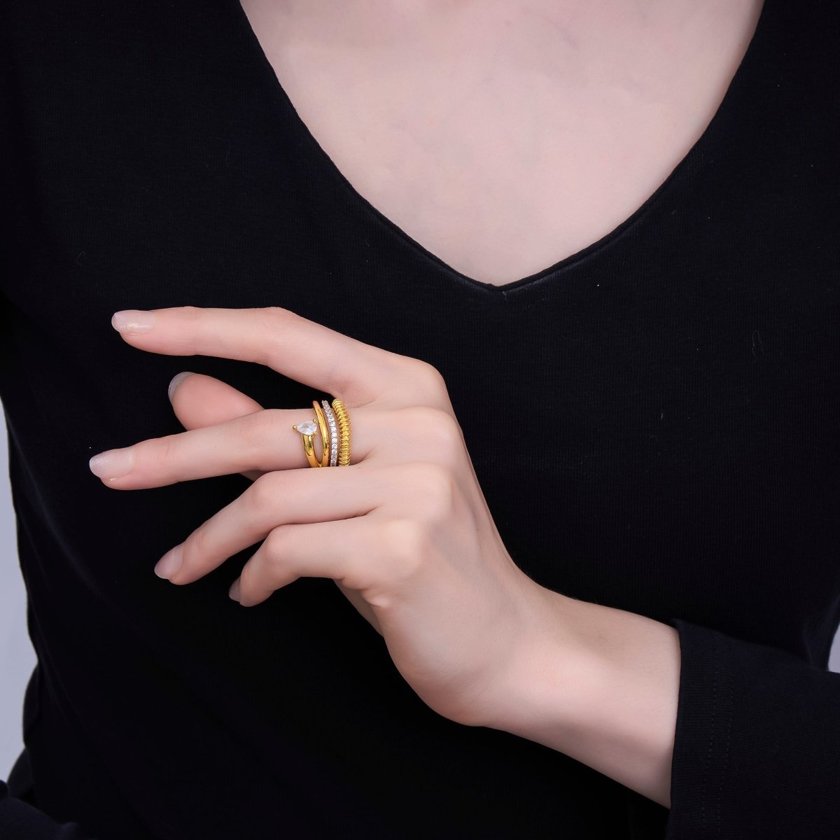 24K Gold Filled Teardrop CZ Micro Paved Ringed Multiple Band Ring | O1074 - DLUXCA