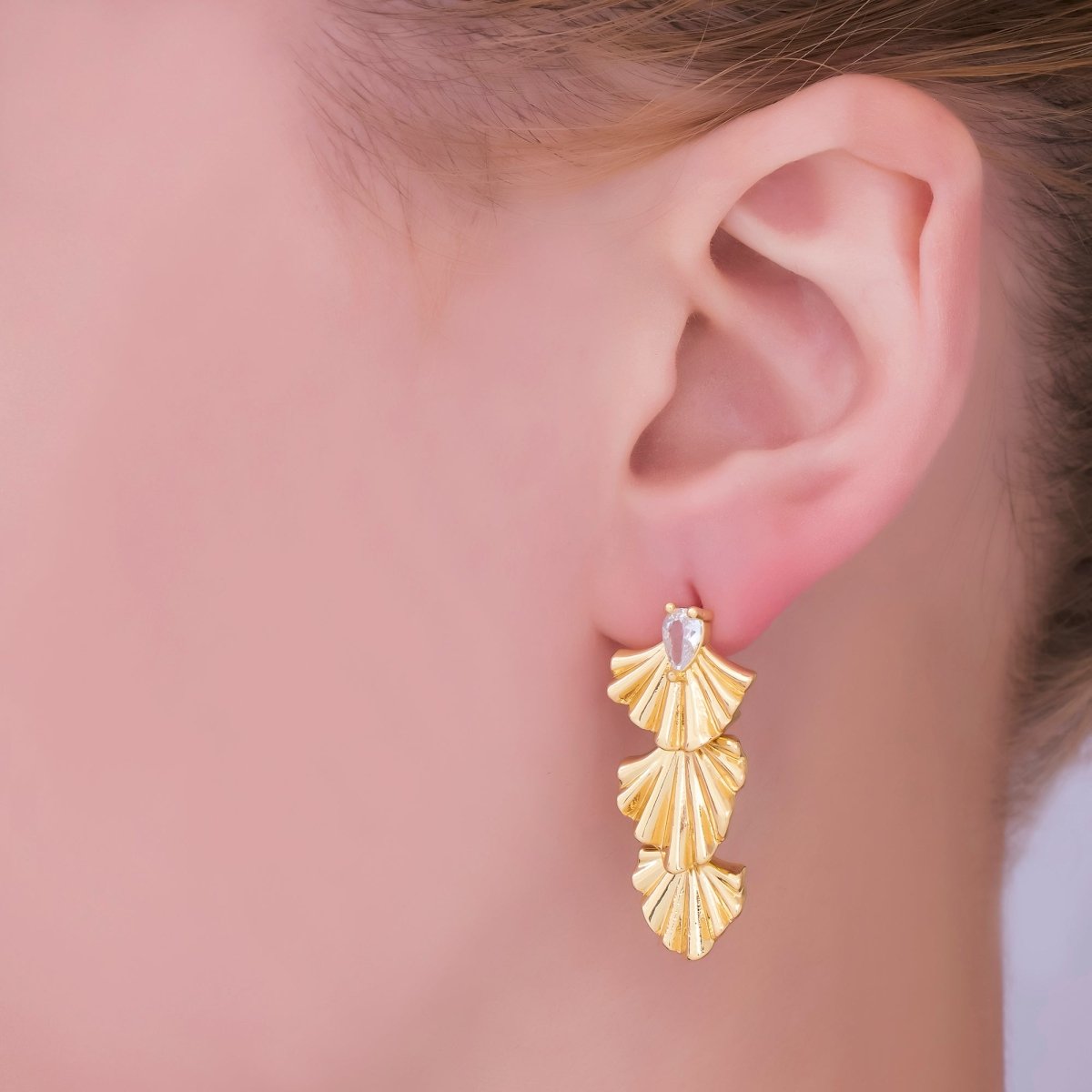 24K Gold Filled Teardrop CZ Sunburst Foil Drop Stud Earrings | AI438 - DLUXCA