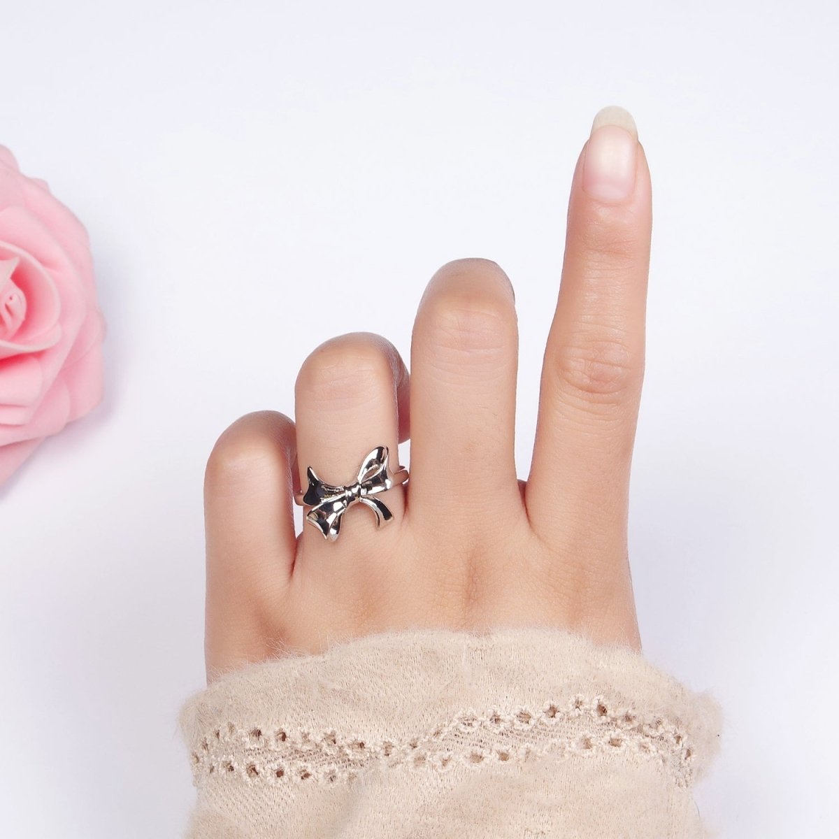 24K Gold Filled Tied Ribbon Bow Minimalist Ring in Gold & Silver | R210 O1383 - DLUXCA