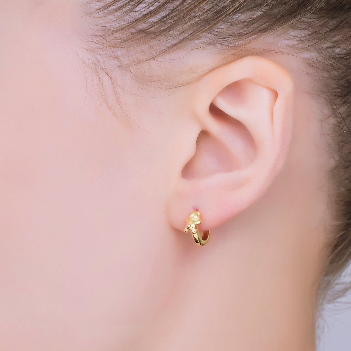 24K Gold Filled Tiny Teddy Bear Animal Lever back Huggie Hoops Earrings | AJ - 060 - DLUXCA
