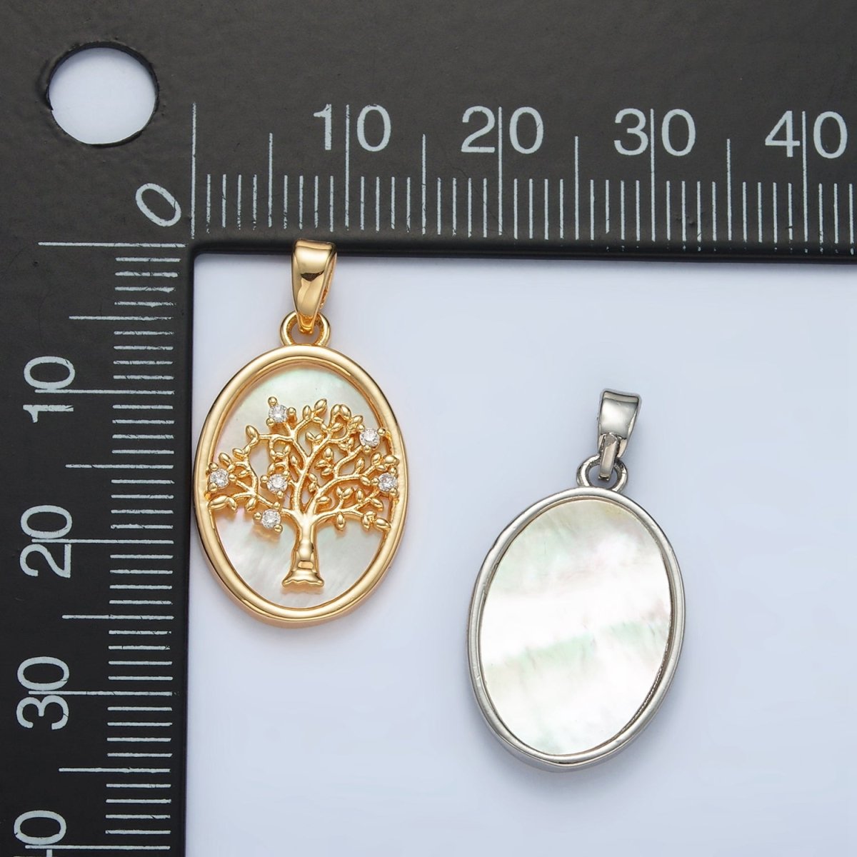 24K Gold Filled Tree CZ Shell Pearl Bezel Oval Pendant in Gold & Silver | AA1525 - DLUXCA