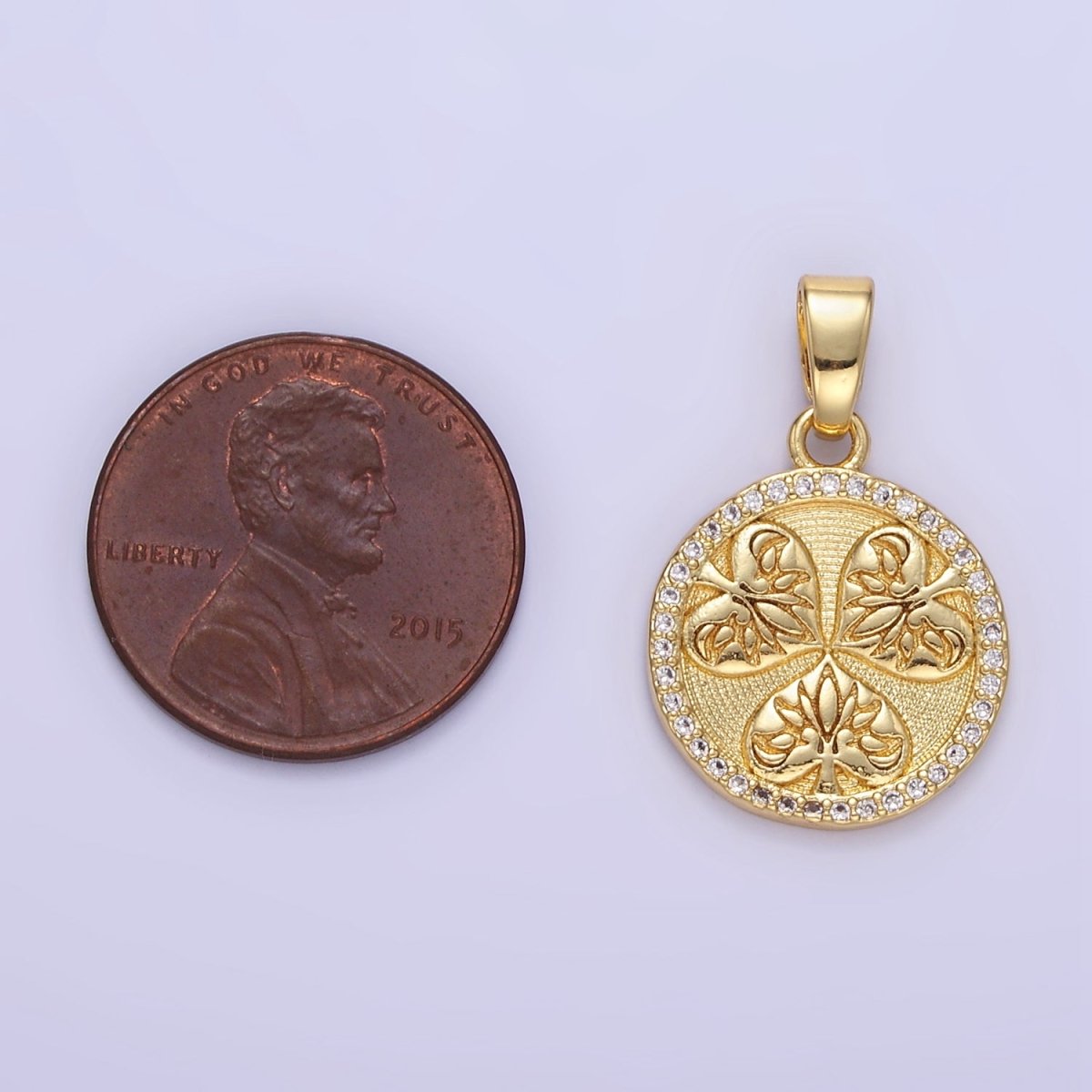 24K Gold Filled Triple Leaves Textured Micro Paved CZ Round Pendant | AA1353 - DLUXCA