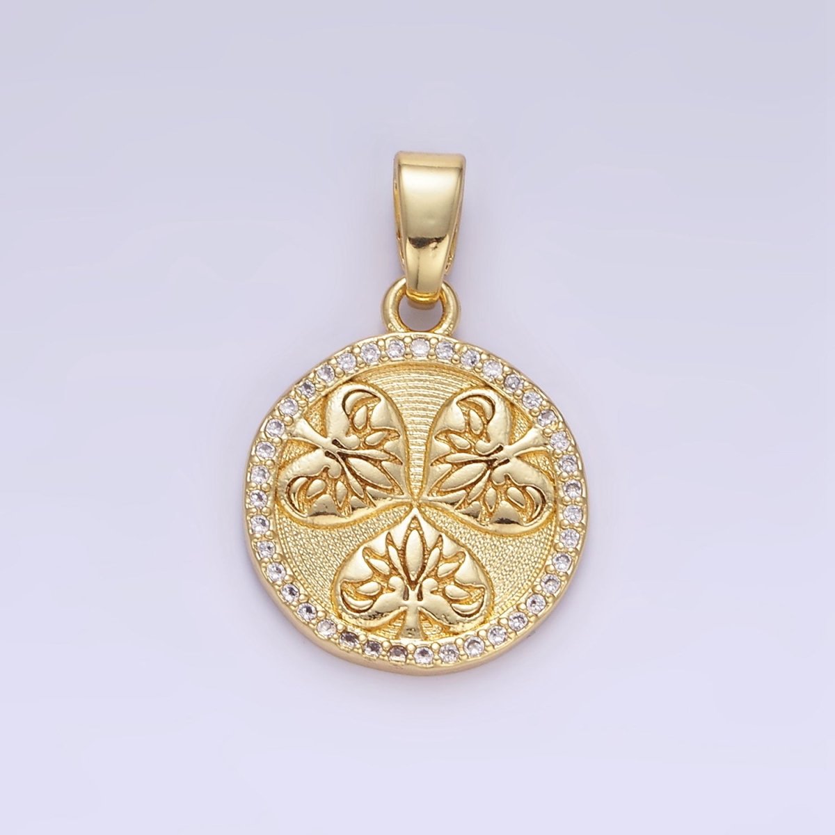 24K Gold Filled Triple Leaves Textured Micro Paved CZ Round Pendant | AA1353 - DLUXCA