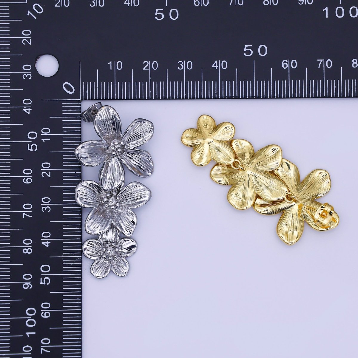 24K Gold Filled Triple Lined Flower Drop Stud Earrings in Gold & Silver | AE368 T175 - DLUXCA