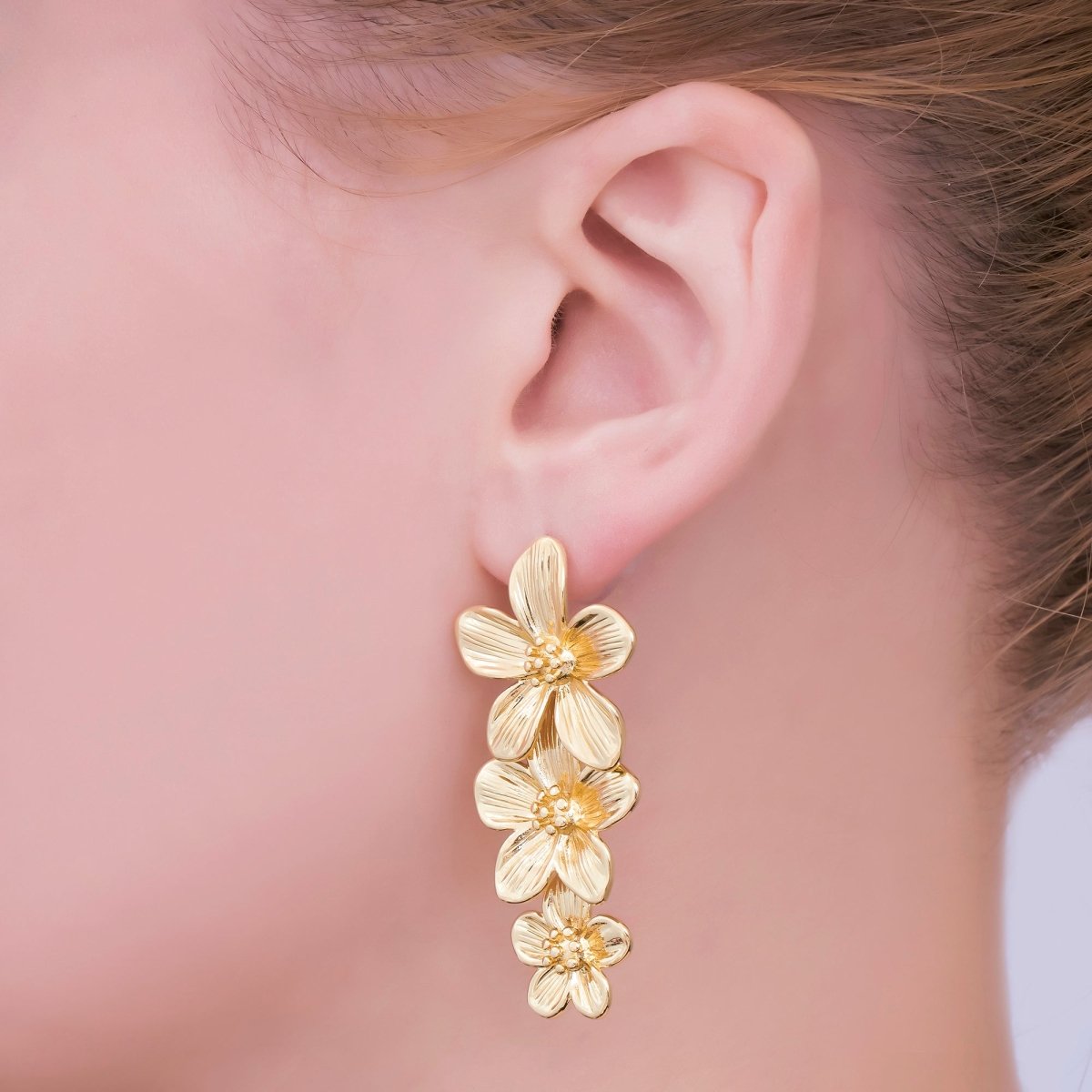 24K Gold Filled Triple Lined Flower Drop Stud Earrings in Gold & Silver | AE368 T175 - DLUXCA