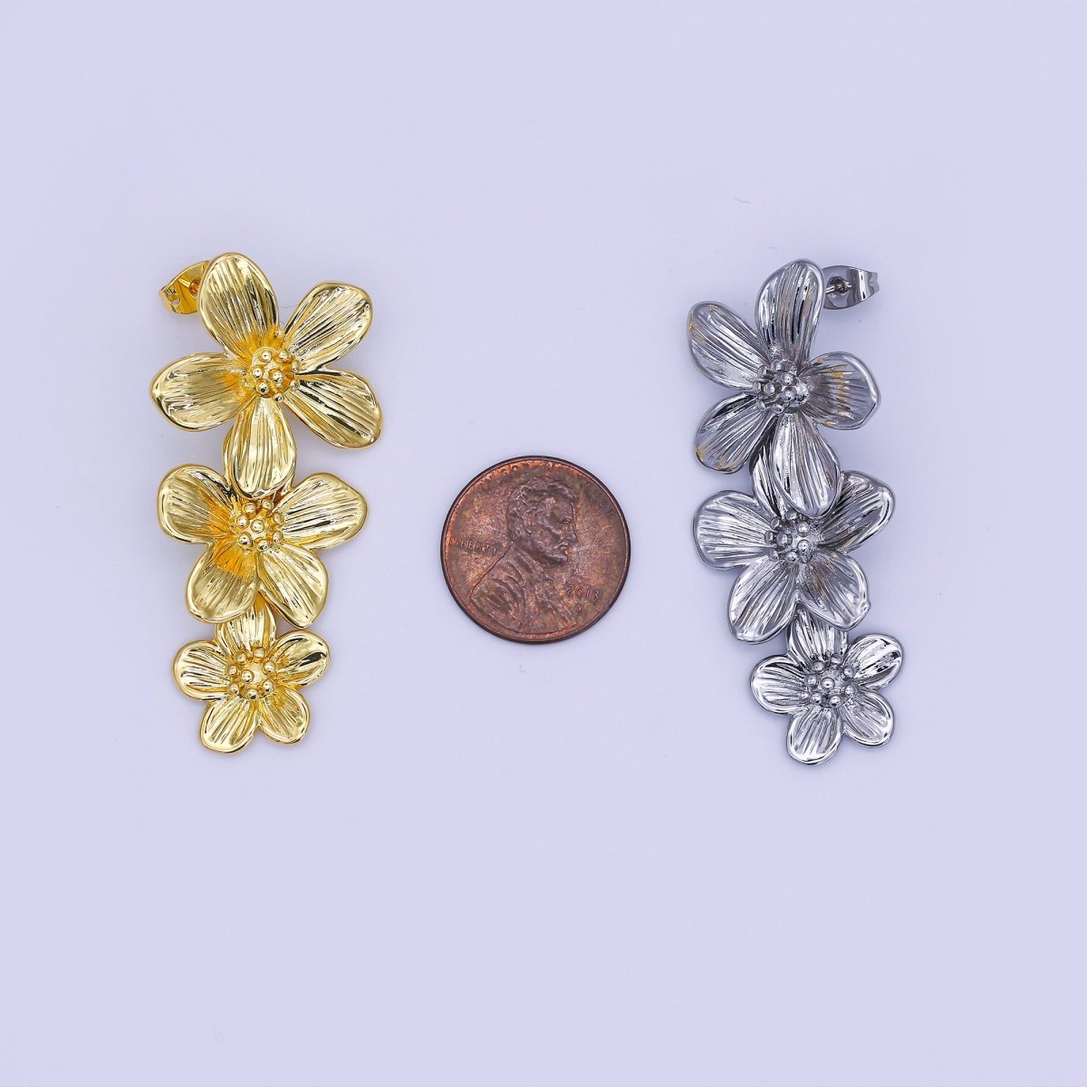 24K Gold Filled Triple Lined Flower Drop Stud Earrings in Gold & Silver | AE368 T175 - DLUXCA