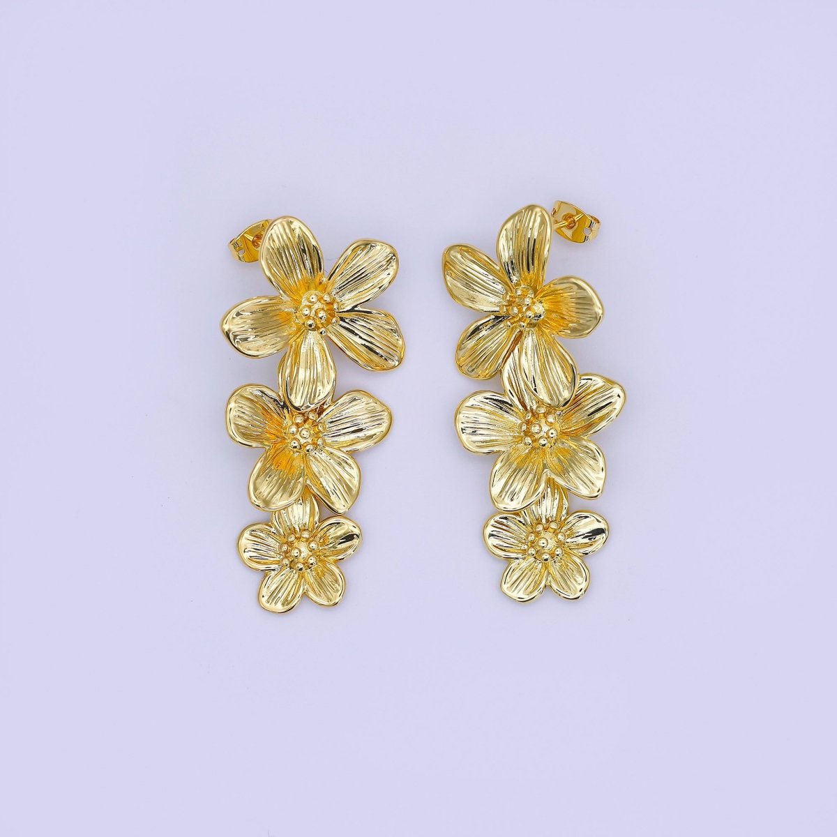 24K Gold Filled Triple Lined Flower Drop Stud Earrings in Gold & Silver | AE368 T175 - DLUXCA