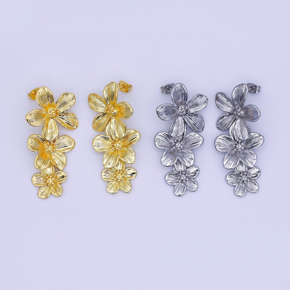 24K Gold Filled Triple Lined Flower Drop Stud Earrings in Gold & Silver | AE368 T175 - DLUXCA