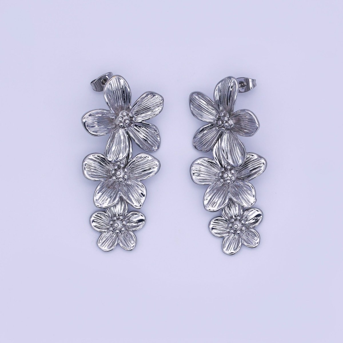 24K Gold Filled Triple Lined Flower Drop Stud Earrings in Gold & Silver | AE368 T175 - DLUXCA