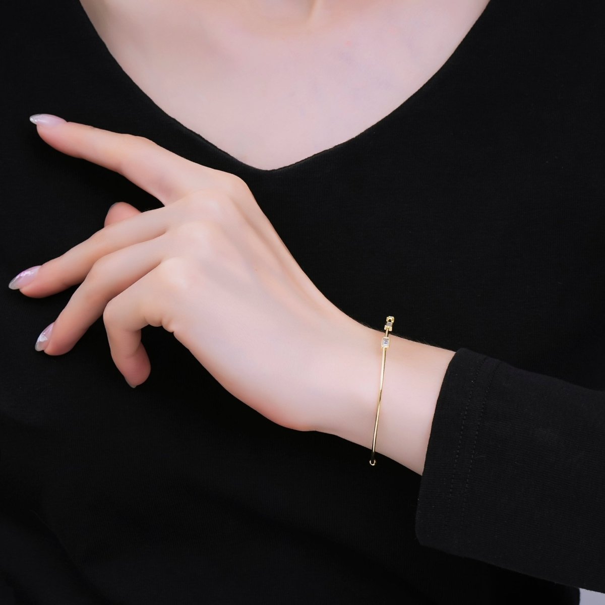 24K Gold Filled Triple Rectangular CZ Open Bangle Cuff Bracelet | WA - 3328 - DLUXCA