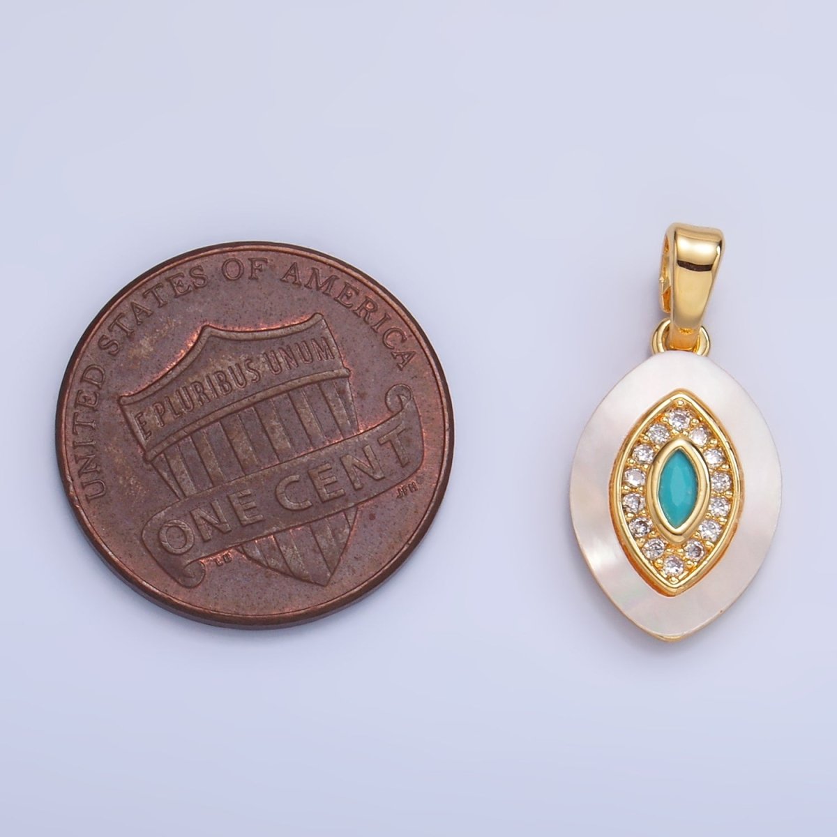24K Gold Filled Turquoise Micro Paved CZ Shell Pearl Evil Eye Sphere Pendant | AA1052 - DLUXCA