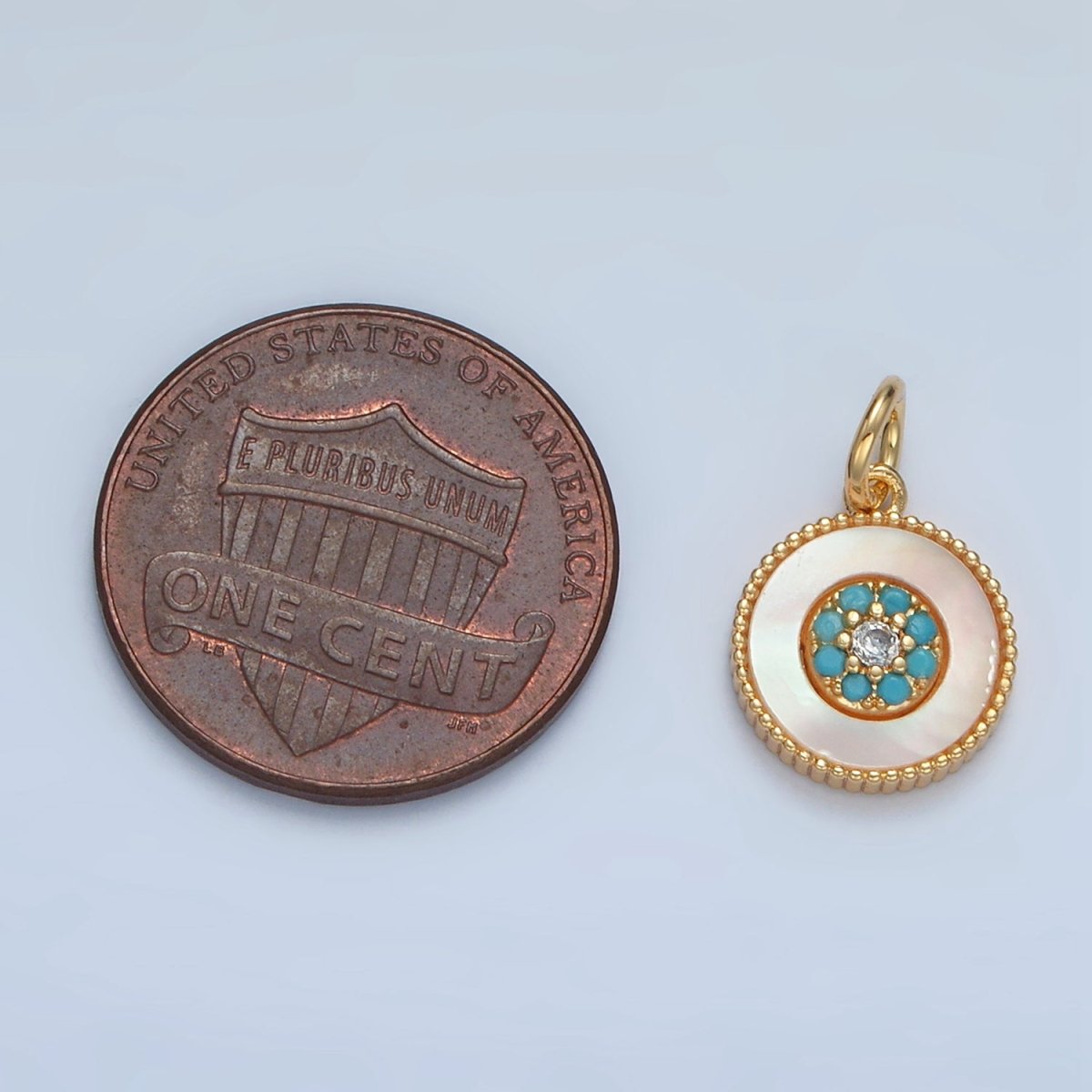 24K Gold Filled Turquoise Micro Paved Shell Pearl Round Charm | M869 - DLUXCA