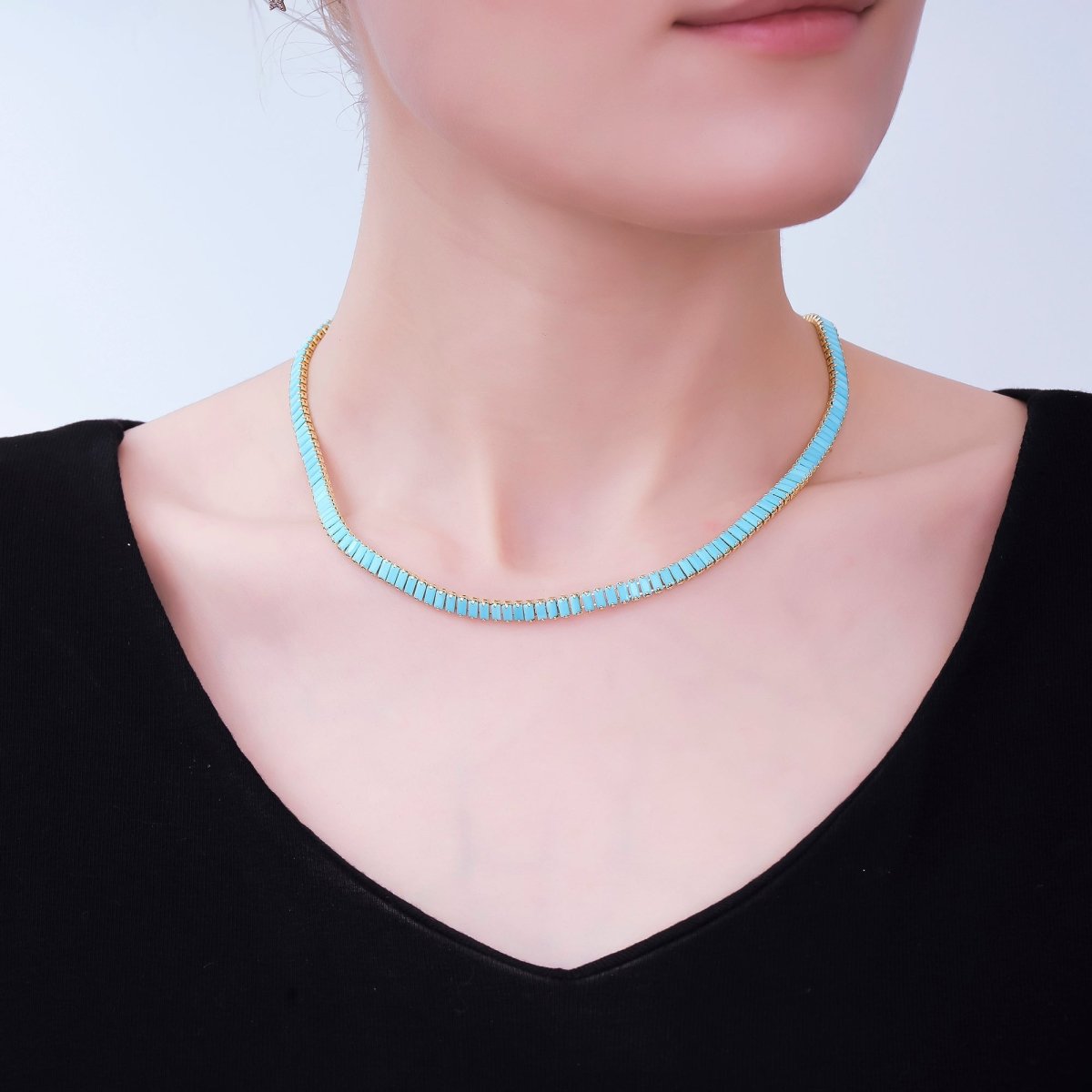 24K Gold Filled Turquoise Rectangular CZ Box Clasp Tennis Necklace 17.71 Inch | WA - 3801 - DLUXCA