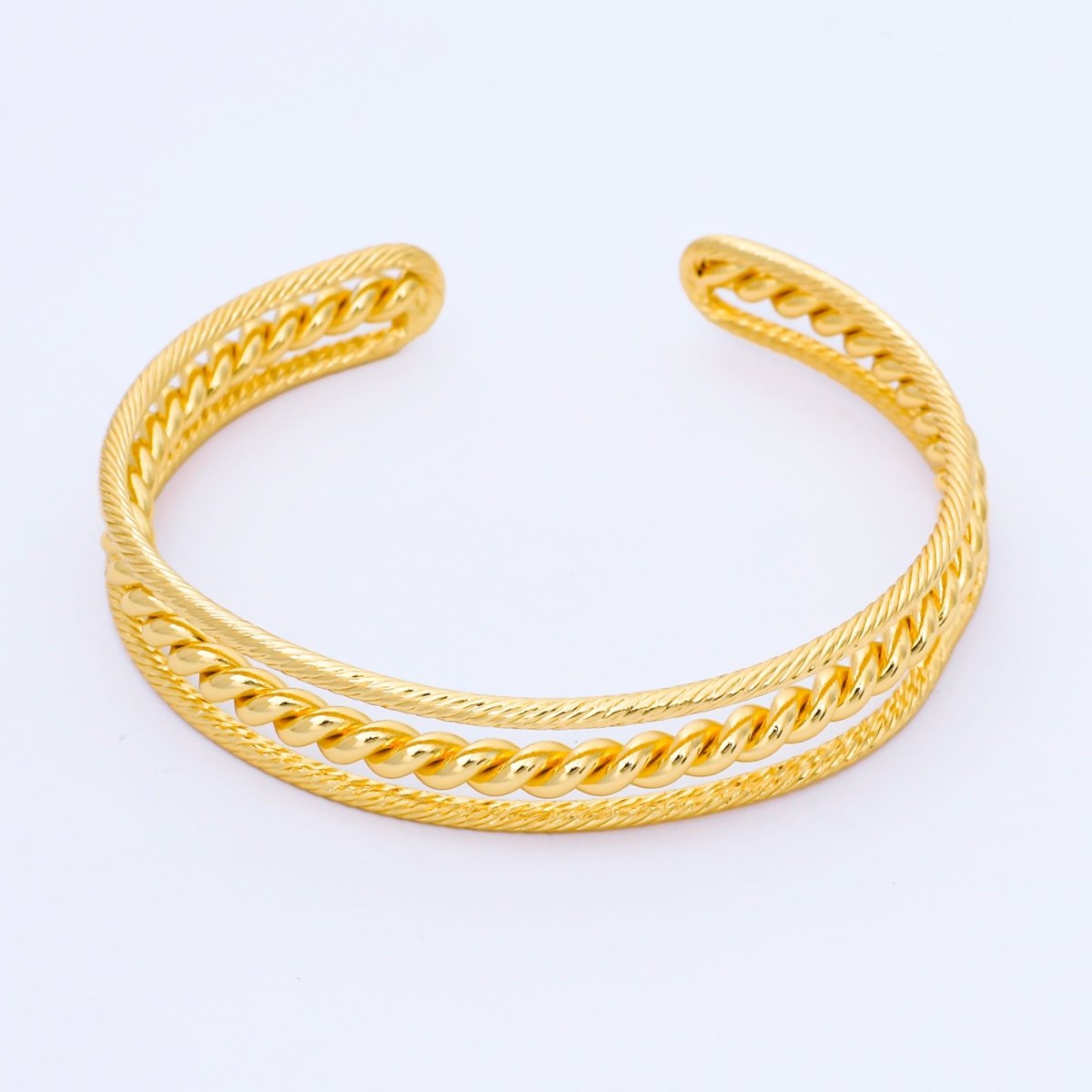 24K Gold Filled Twisted Rope Triple Band Cuff Bracelet | WA - 1687 - DLUXCA