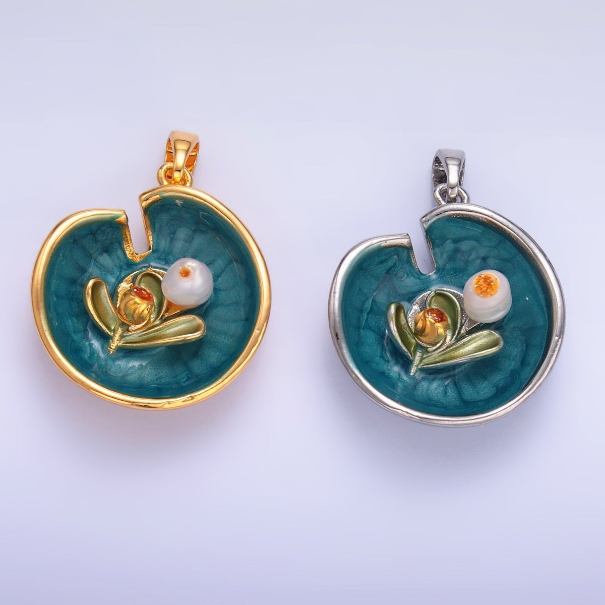 24K Gold Filled Water Lily Flower Arrangement Pearl Enamel Charm in Gold & Silver | AA1424 - DLUXCA