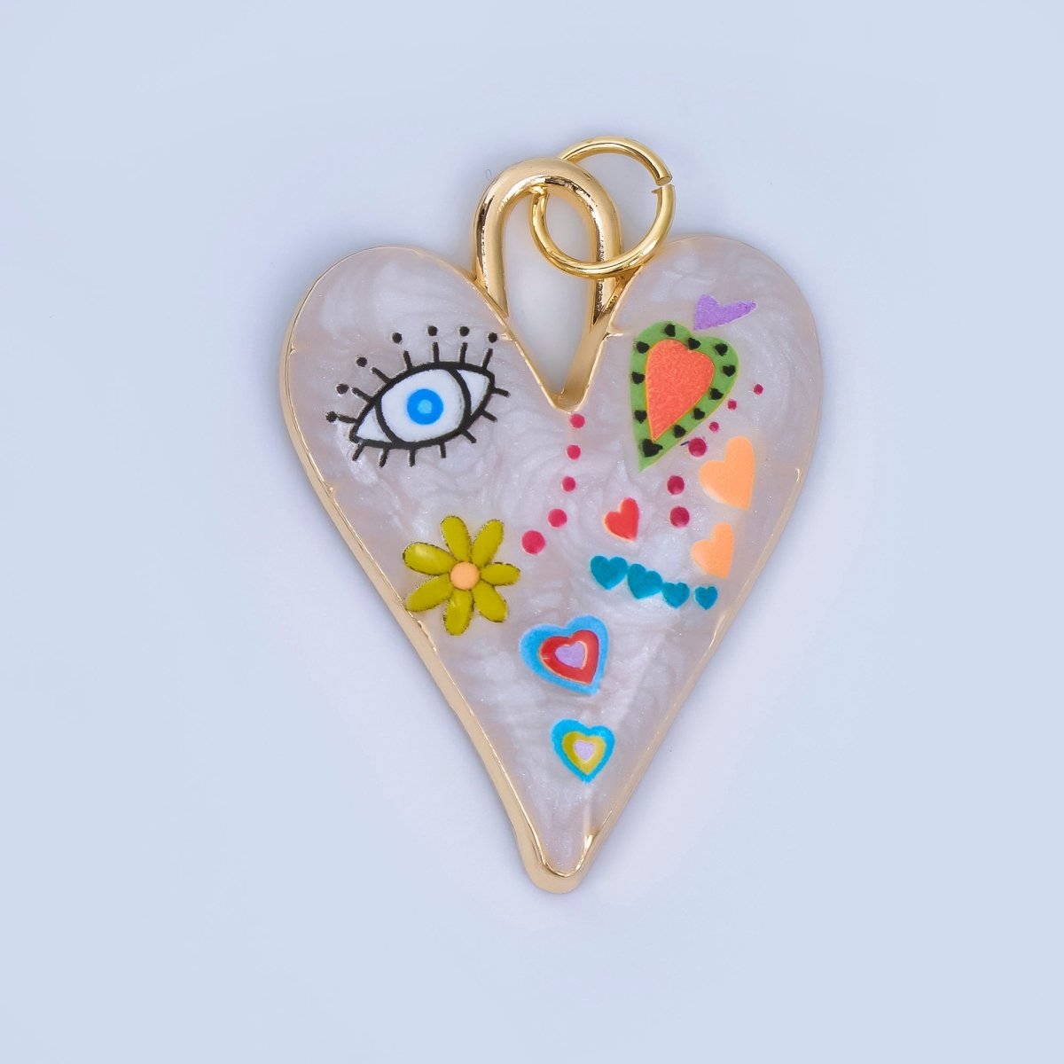 24K Gold Filled White Enamel Evil Eye Heart Padlock Pendant | AA1510 - DLUXCA