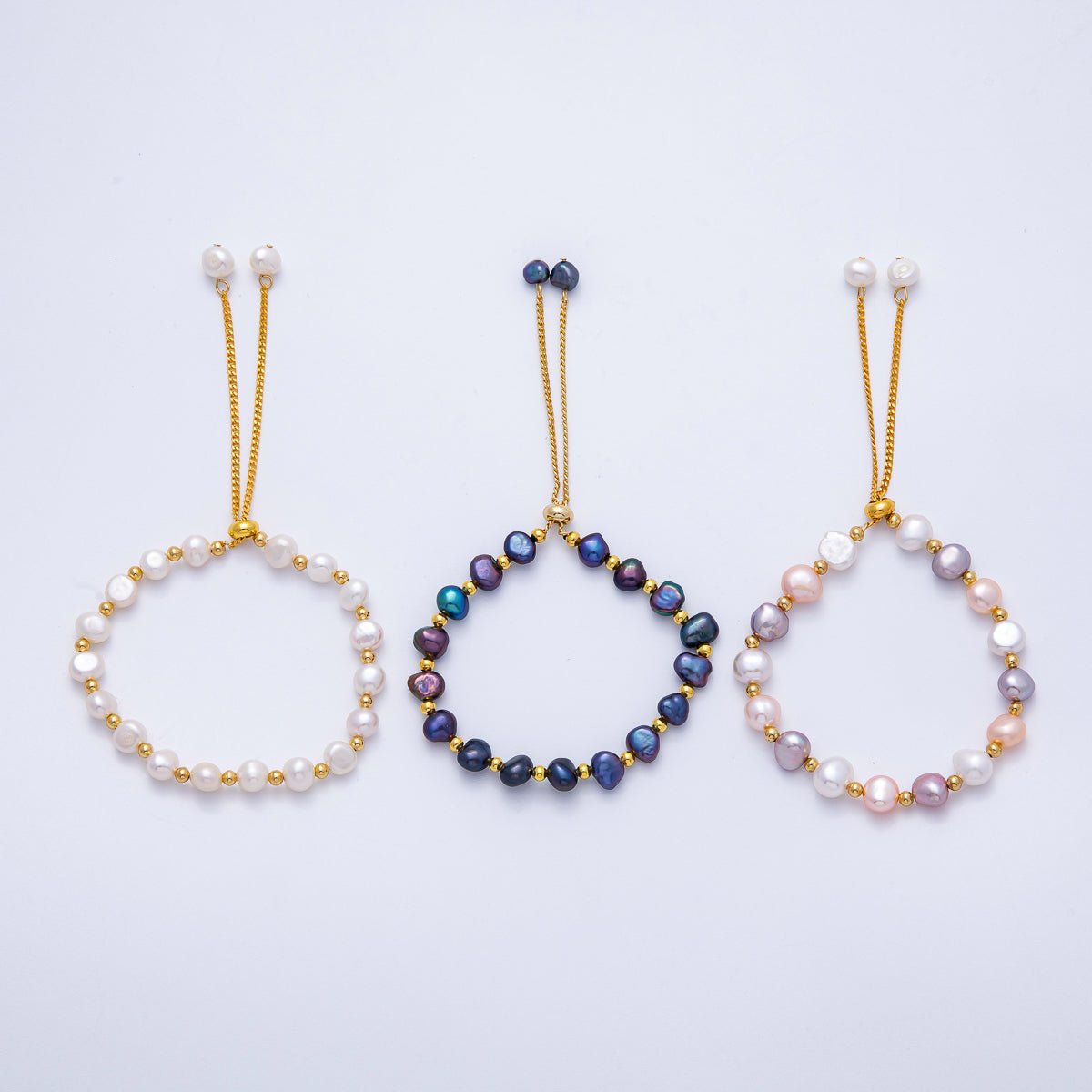 24K Gold Filled White, Multicolor, Black Button Freshwater Pearl Bolo Adjustable Bracelet | WA - 04264 - DLUXCA