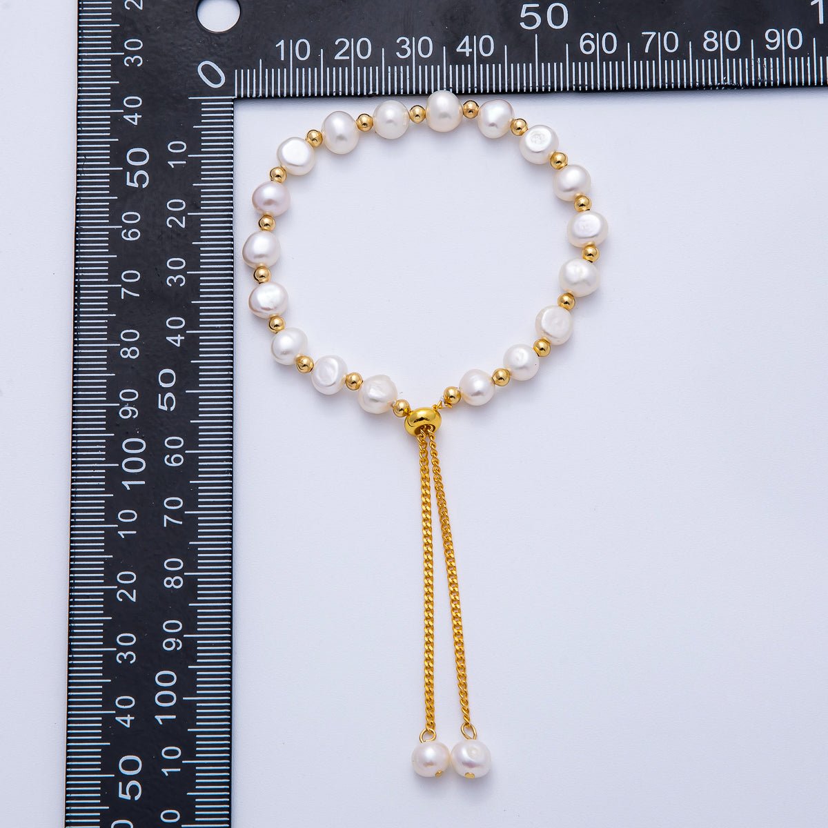 24K Gold Filled White, Multicolor, Black Button Freshwater Pearl Bolo Adjustable Bracelet | WA - 04264 - DLUXCA