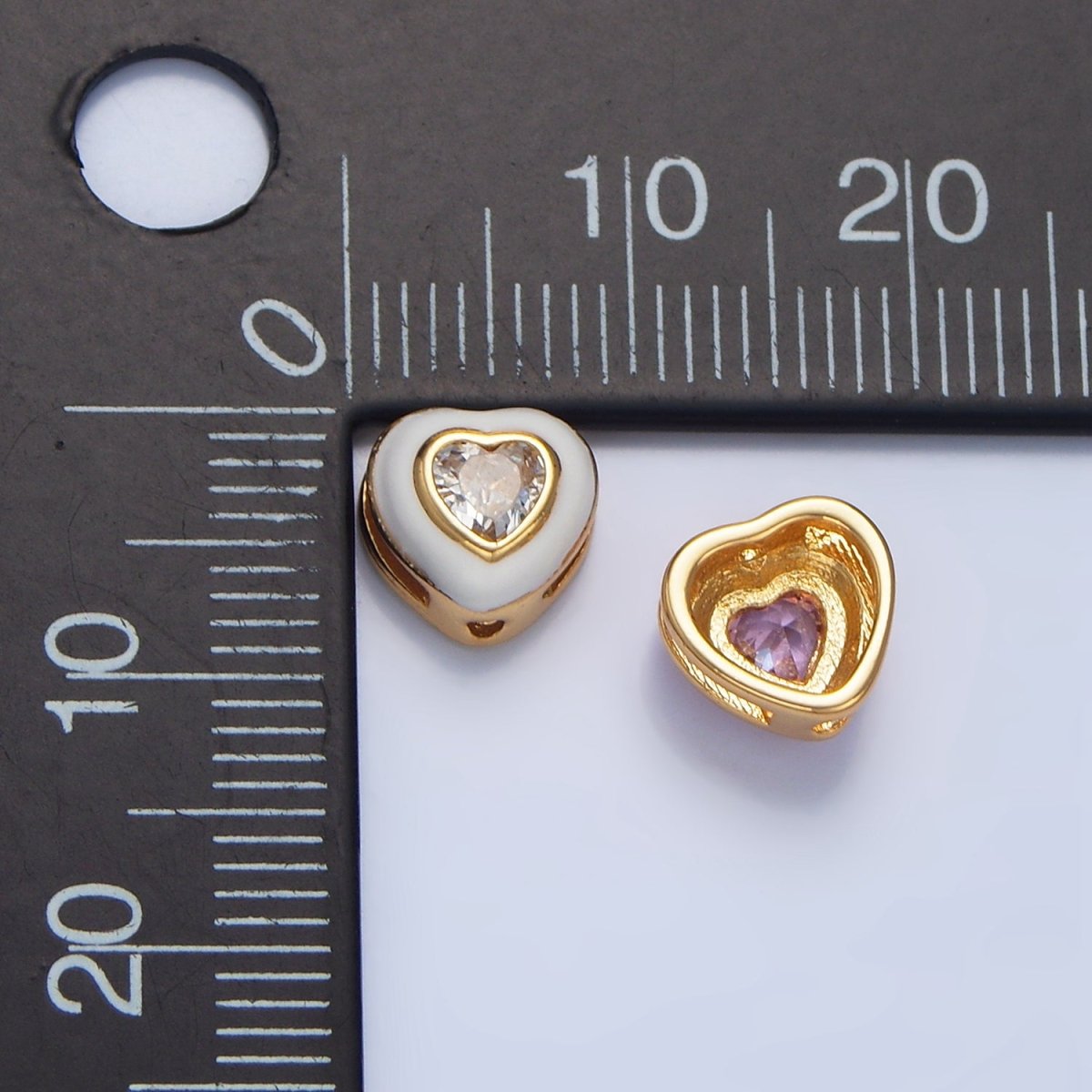 24K Gold Filled White, Pink CZ Enamel Heart Bead | B574 - DLUXCA