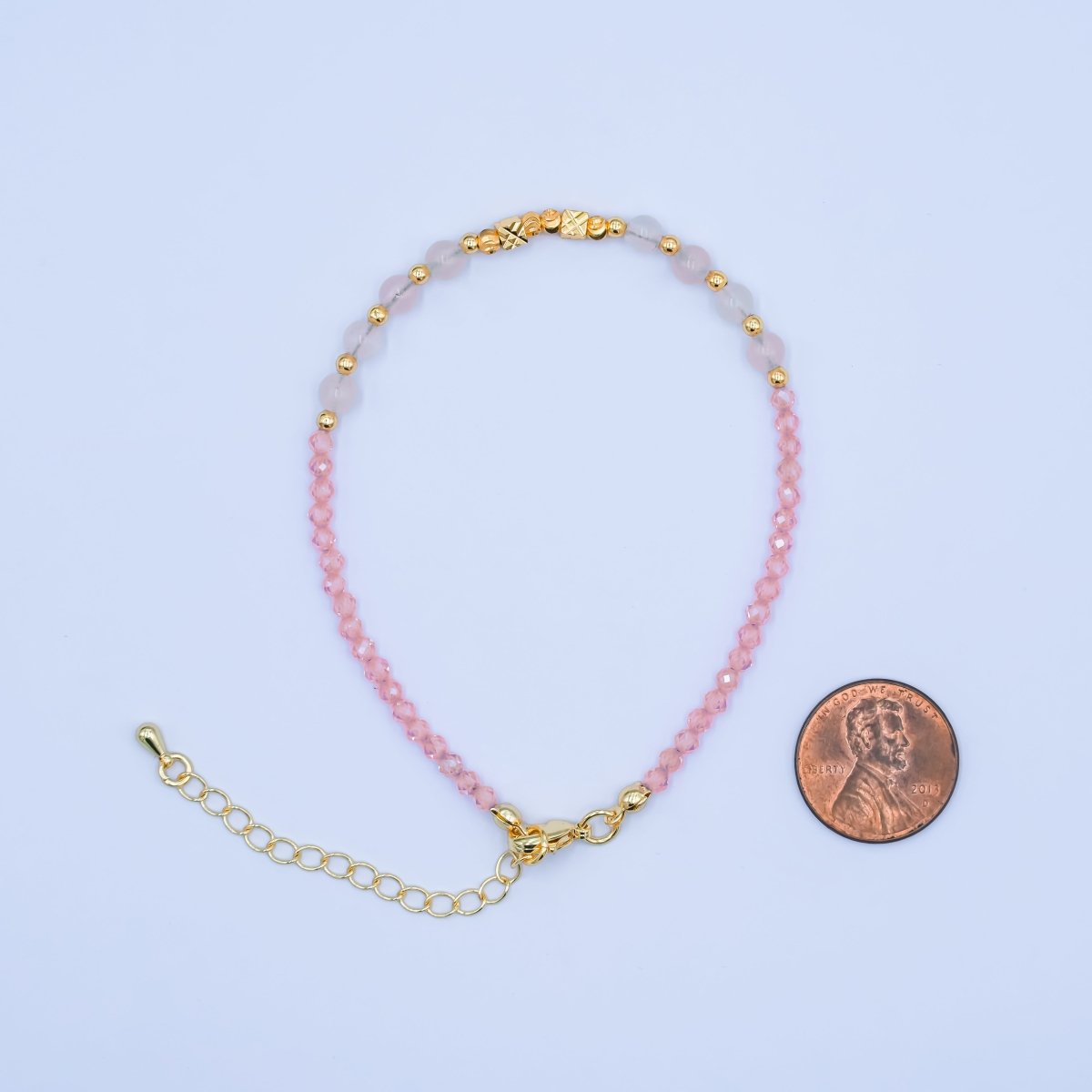 24K Gold Filled White Pink Multifaceted Crystal Gemstone 7.5 Bracelet | WA - 2889 - DLUXCA