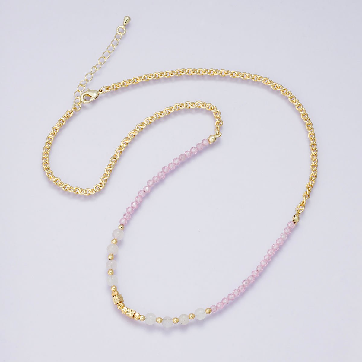 24K Gold Filled White Pink Quartz Multifaceted Gemstone Ball Cable Chain Half 18 Inch Necklace w. Extender | WA - 04234 - DLUXCA