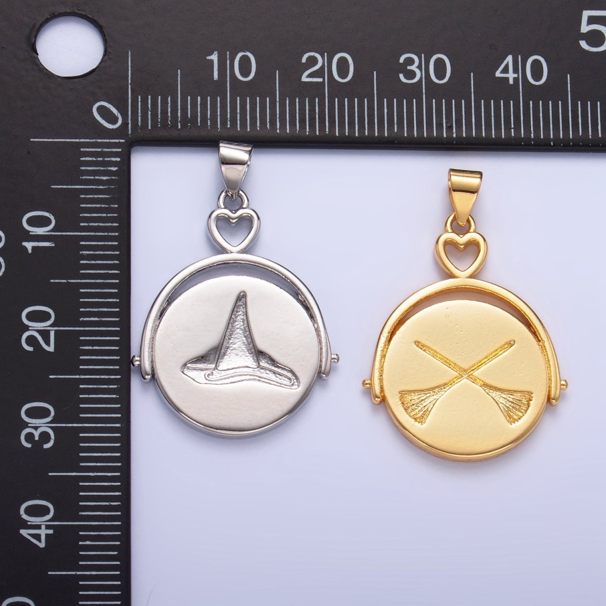 24K Gold Filled Witch Hat Broom Double Sided Pendant in Gold & Silver | AA999 - DLUXCA