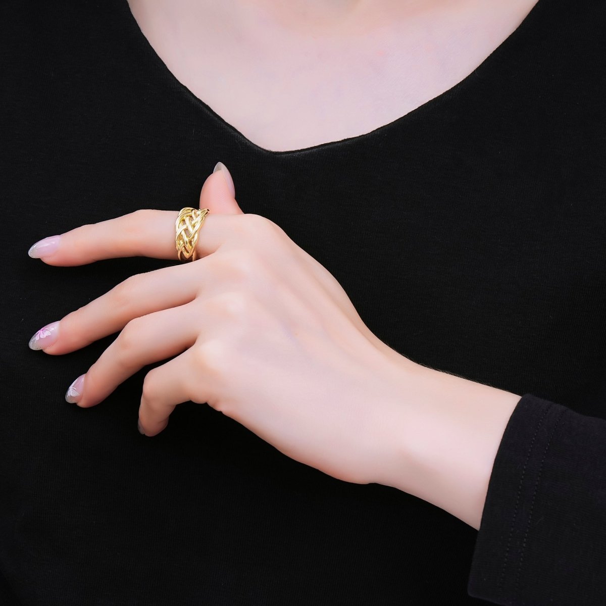 24K Gold Filled Woven Ring Adjustable Cuff Ring | O1659 - DLUXCA