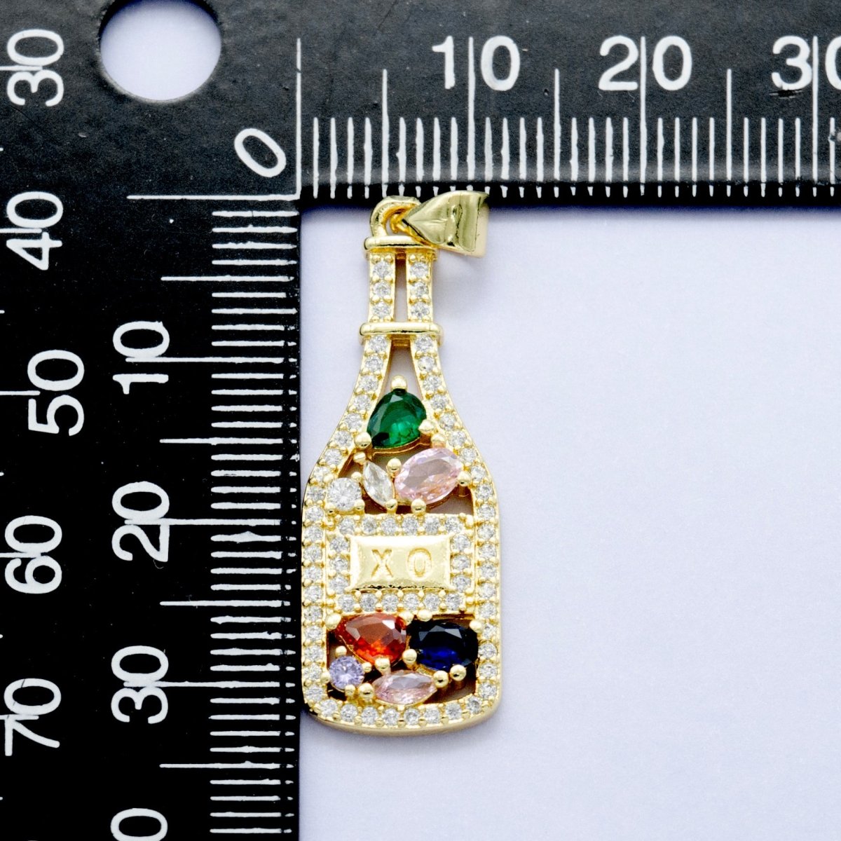 24K Gold Filled "XO" Engraved Multicolor Cluster CZ Wine Bottle Pendant | AA1454 - DLUXCA