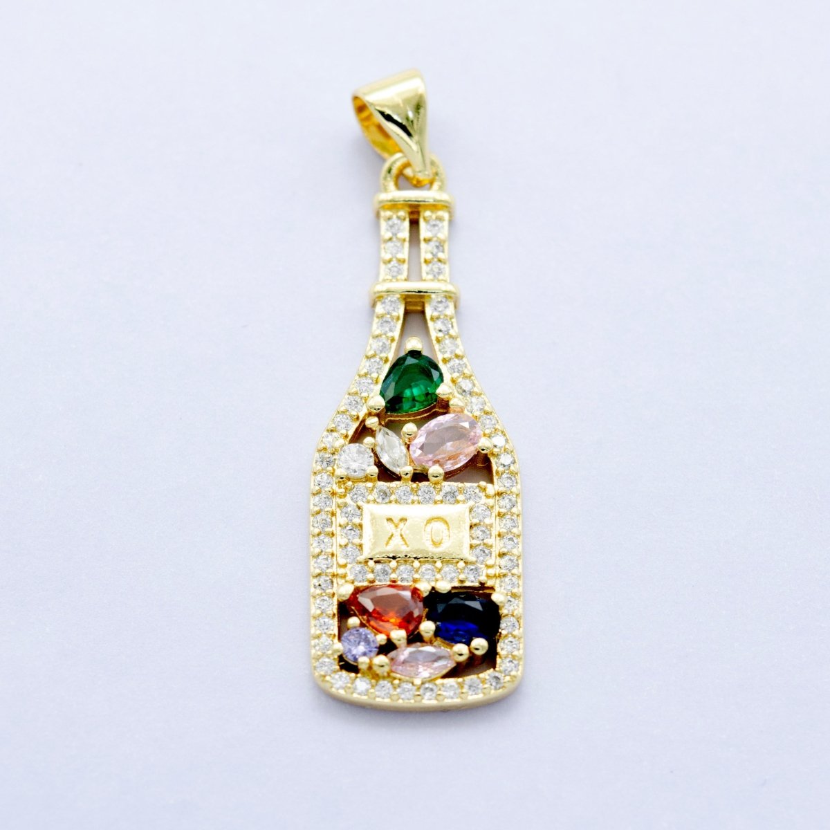 24K Gold Filled "XO" Engraved Multicolor Cluster CZ Wine Bottle Pendant | AA1454 - DLUXCA