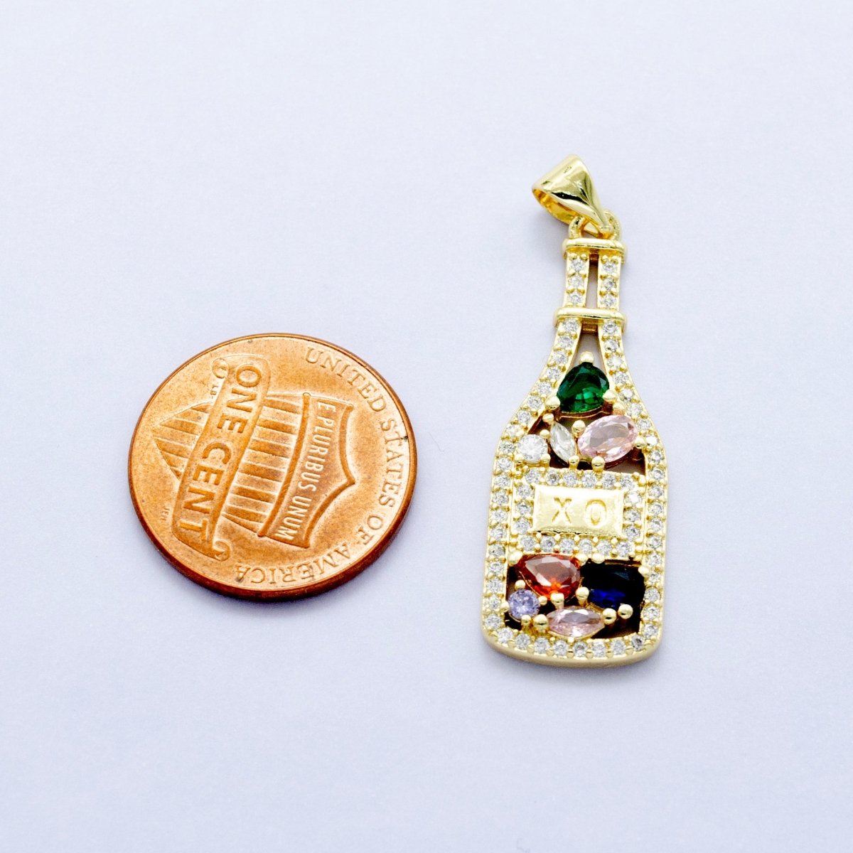24K Gold Filled "XO" Engraved Multicolor Cluster CZ Wine Bottle Pendant | AA1454 - DLUXCA