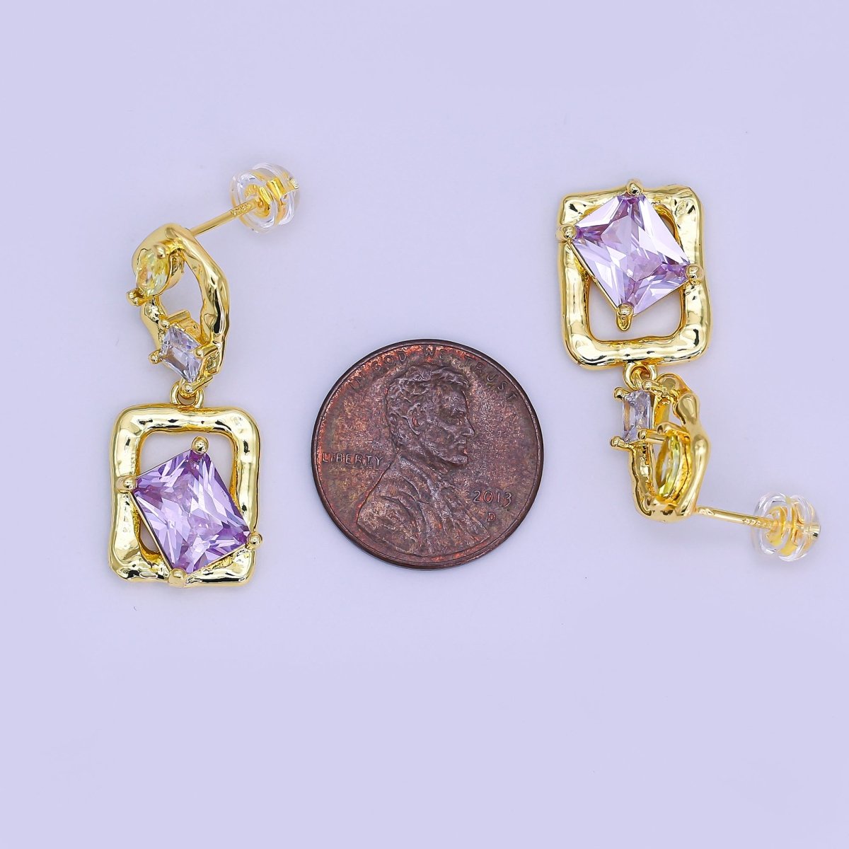 24K Gold Filled Yellow Purple Baguette Molten Geometric Drop Stud Earrings | AI441 - DLUXCA