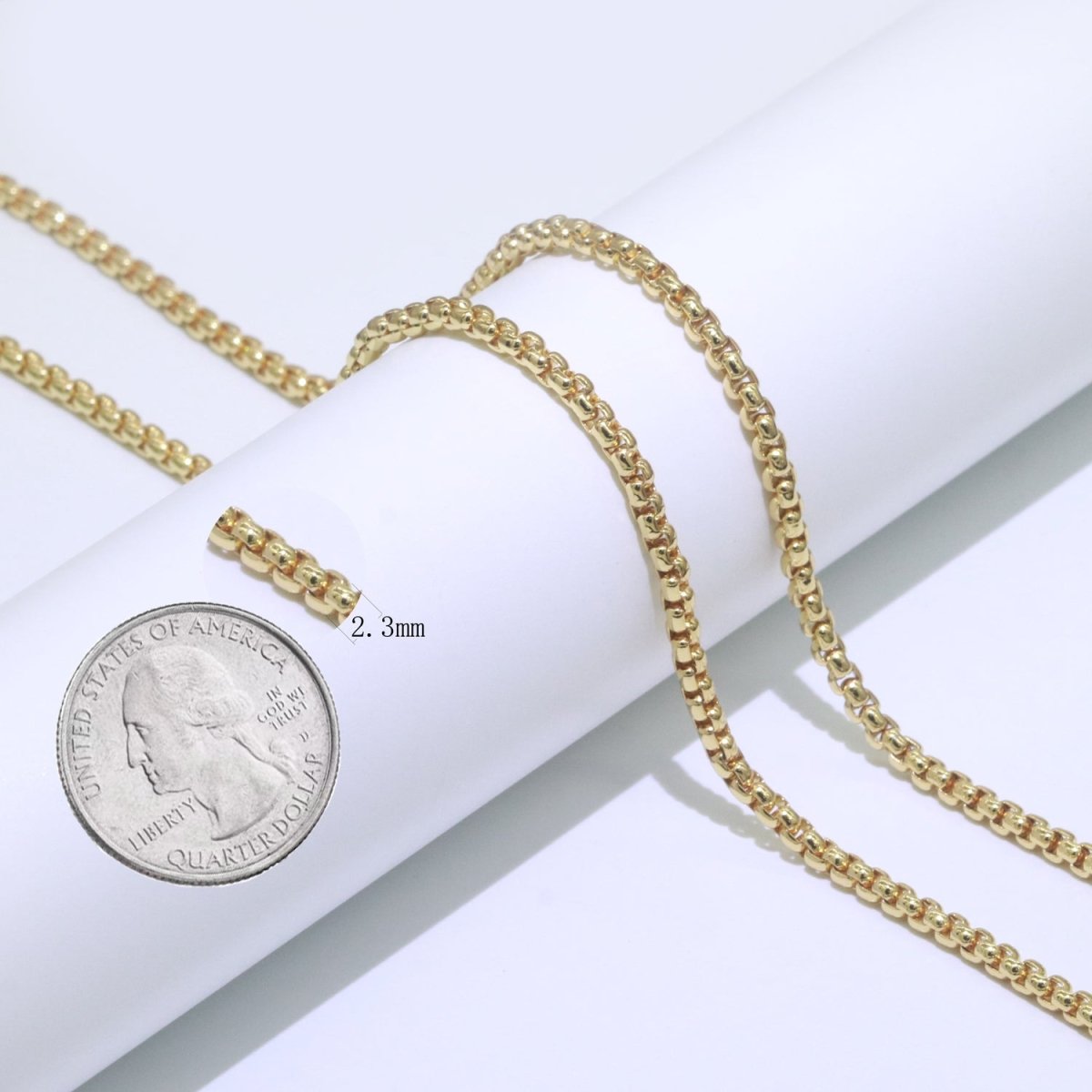 24K Gold Link Rollo Cable Chain by Yard, Square Link Chain by Yard, Width 2.3mm, Roll - 540 - DLUXCA