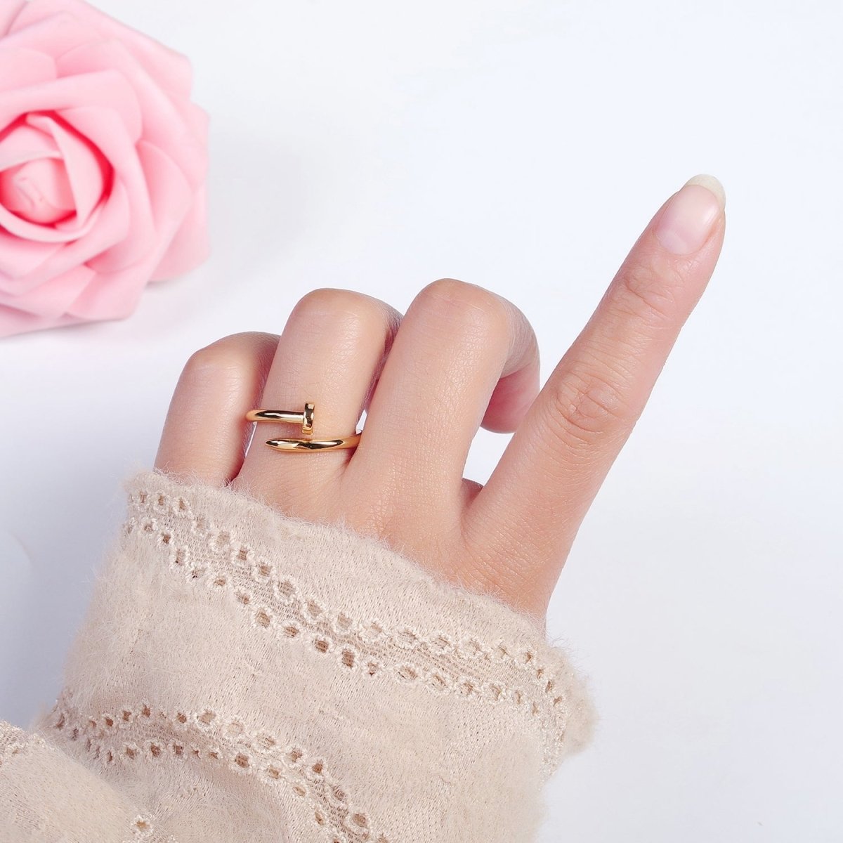 24K Gold Plated Adjustable Minimalist Nail Bent Ring | O2194 - DLUXCA