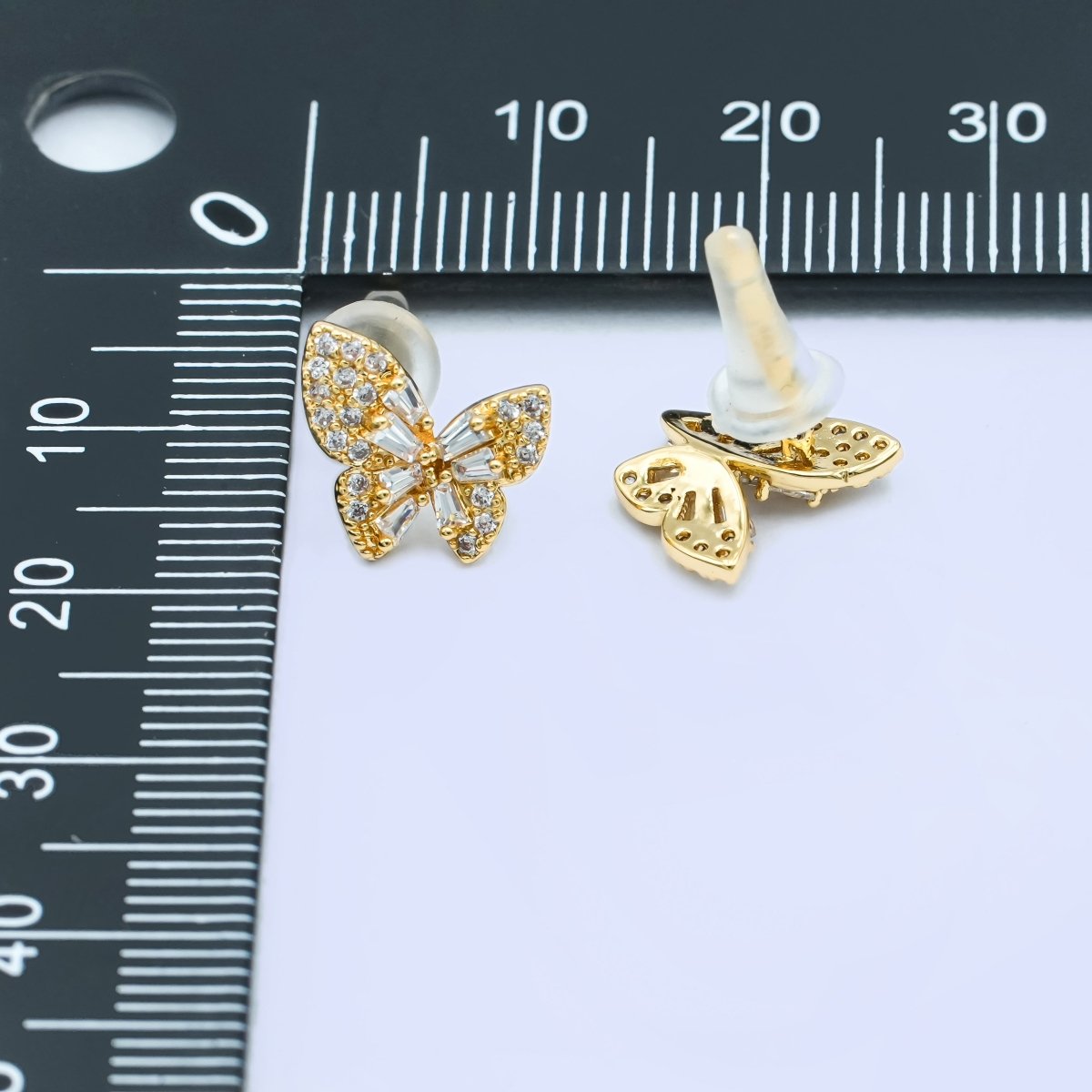 24K Gold Plated Baguette Micro Paved CZ Butterfly Stud Earrings Set in Gold & Silver | AB200 AB221 - DLUXCA