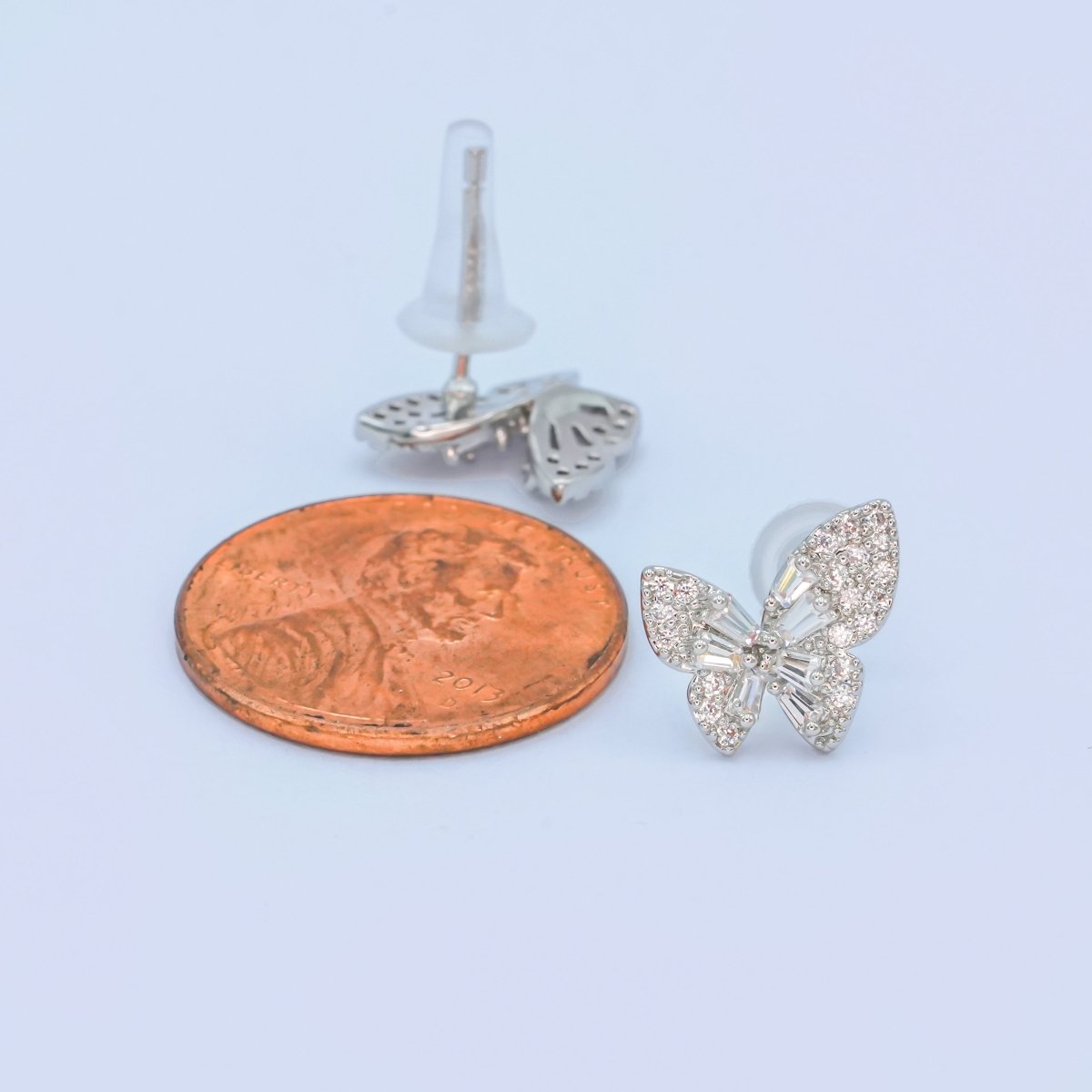 24K Gold Plated Baguette Micro Paved CZ Butterfly Stud Earrings Set in Gold & Silver | AB200 AB221 - DLUXCA