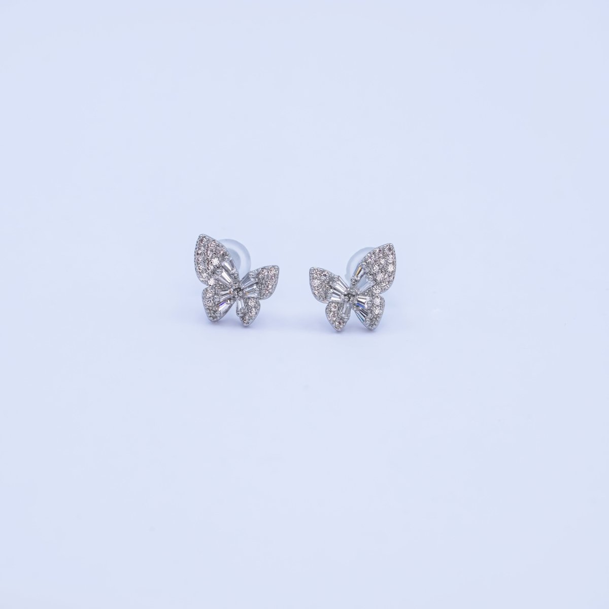 24K Gold Plated Baguette Micro Paved CZ Butterfly Stud Earrings Set in Gold & Silver | AB200 AB221 - DLUXCA