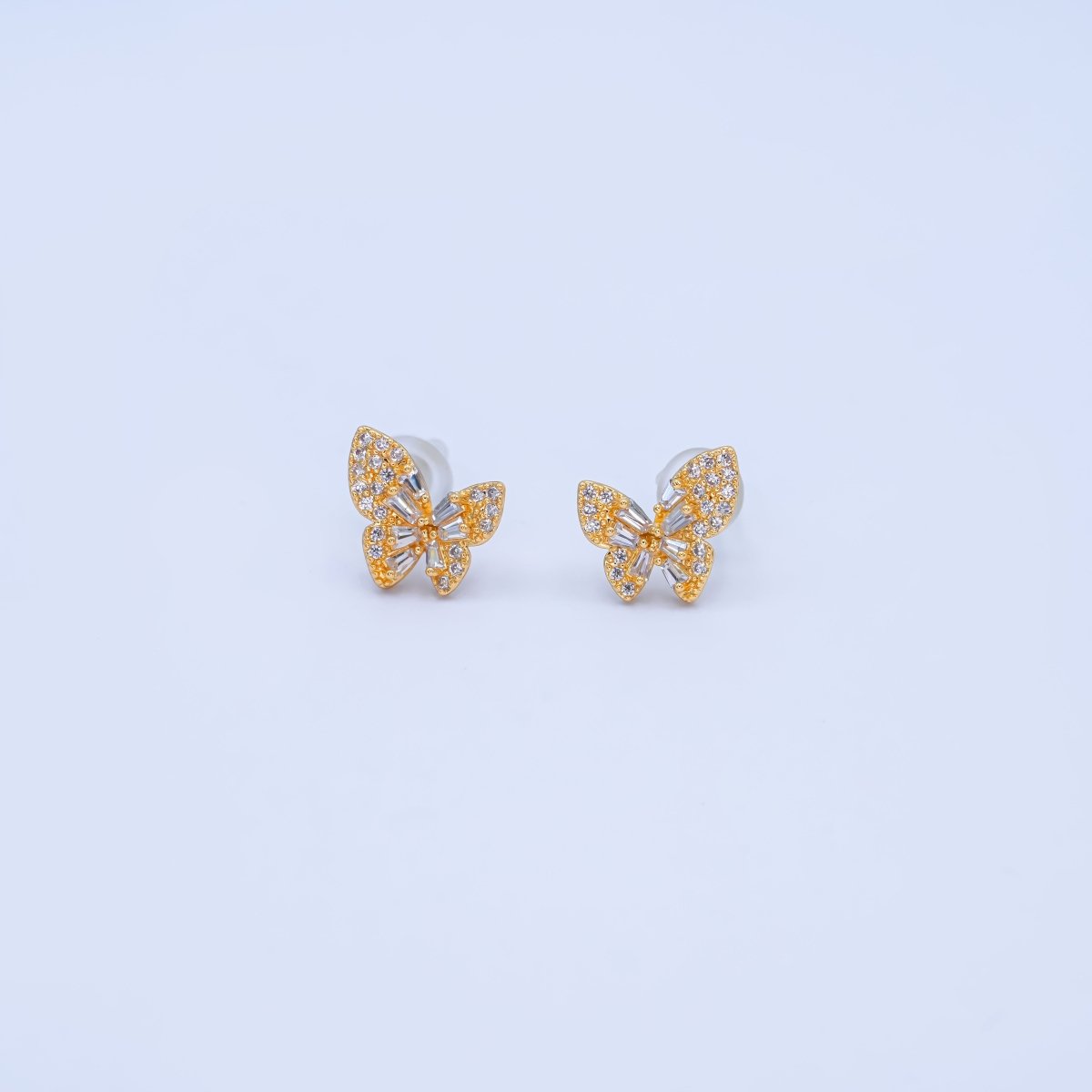 24K Gold Plated Baguette Micro Paved CZ Butterfly Stud Earrings Set in Gold & Silver | AB200 AB221 - DLUXCA