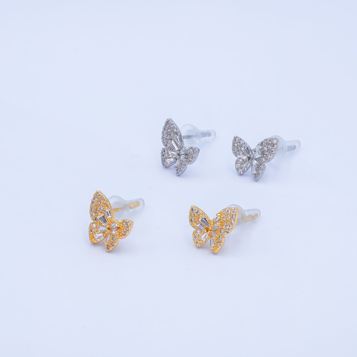 24K Gold Plated Baguette Micro Paved CZ Butterfly Stud Earrings Set in Gold & Silver | AB200 AB221 - DLUXCA