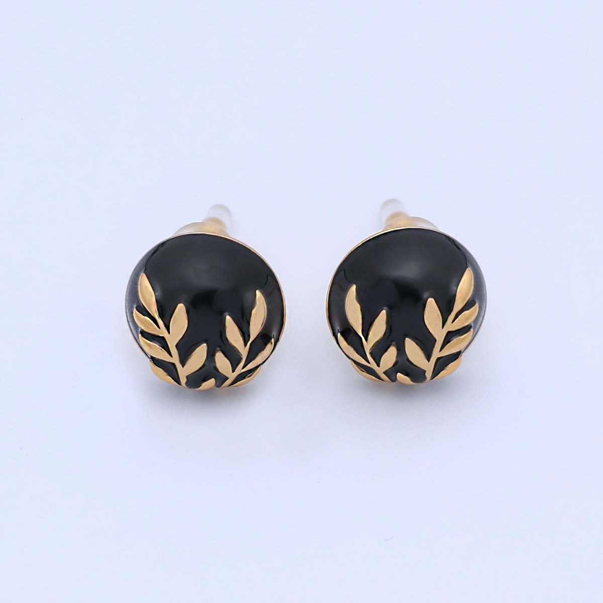 24K Gold Plated Black, White Leaf Round Stud Earrings in Gold & Silver | AB1044 AB1051 AB1058 AB1073 - DLUXCA