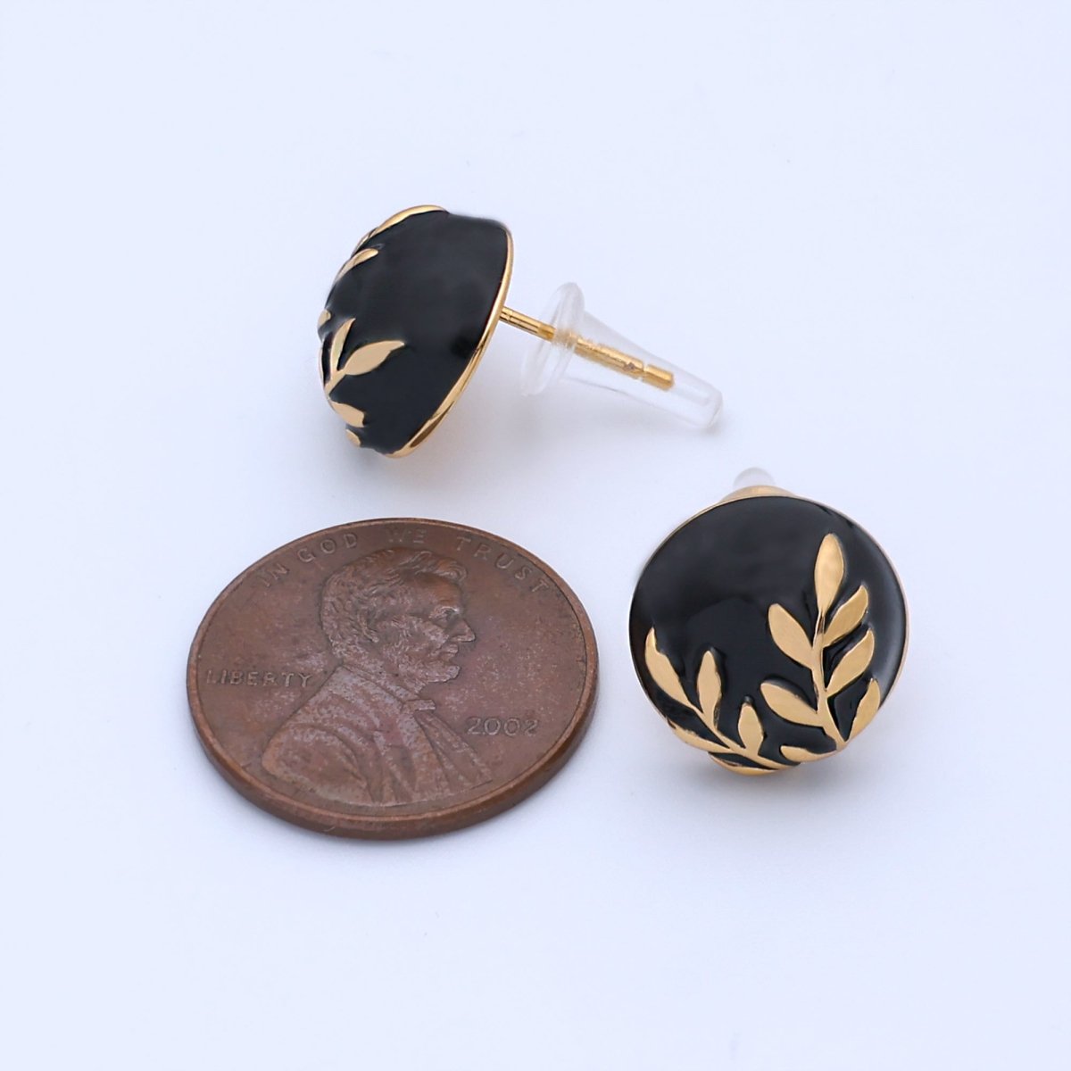 24K Gold Plated Black, White Leaf Round Stud Earrings in Gold & Silver | AB1044 AB1051 AB1058 AB1073 - DLUXCA